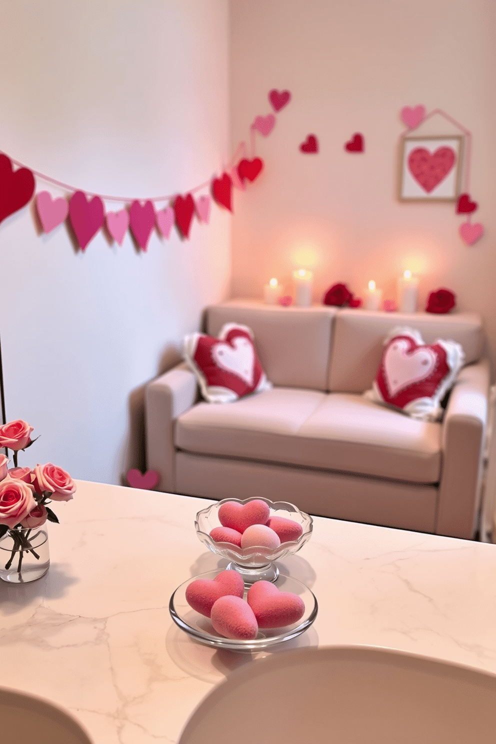 A romantic bathroom setting featuring heart-shaped bath bombs displayed in a delicate glass dish on a sleek marble countertop. Soft, ambient lighting creates a warm atmosphere, while a small vase of fresh roses adds a touch of elegance to the space. Cozy and inviting, this small living area is adorned with Valentine's Day-themed decor, including heart-shaped cushions on a plush sofa. A charming garland of paper hearts hangs above, complemented by flickering candles that enhance the intimate ambiance.