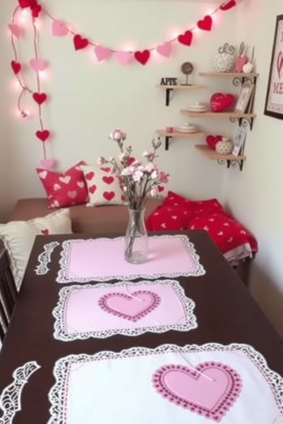 A charming Valentine's Day themed placemat set featuring soft pastel colors and heart motifs. Each placemat is adorned with delicate lace edges and a central design of intertwined hearts, perfect for setting a romantic table. Creative small space decorating ideas for Valentine's Day include hanging heart-shaped garlands from the ceiling and using wall-mounted shelves to display love-themed decor. Incorporate cozy textiles like heart-patterned throw pillows and blankets to enhance the ambiance without overwhelming the space.