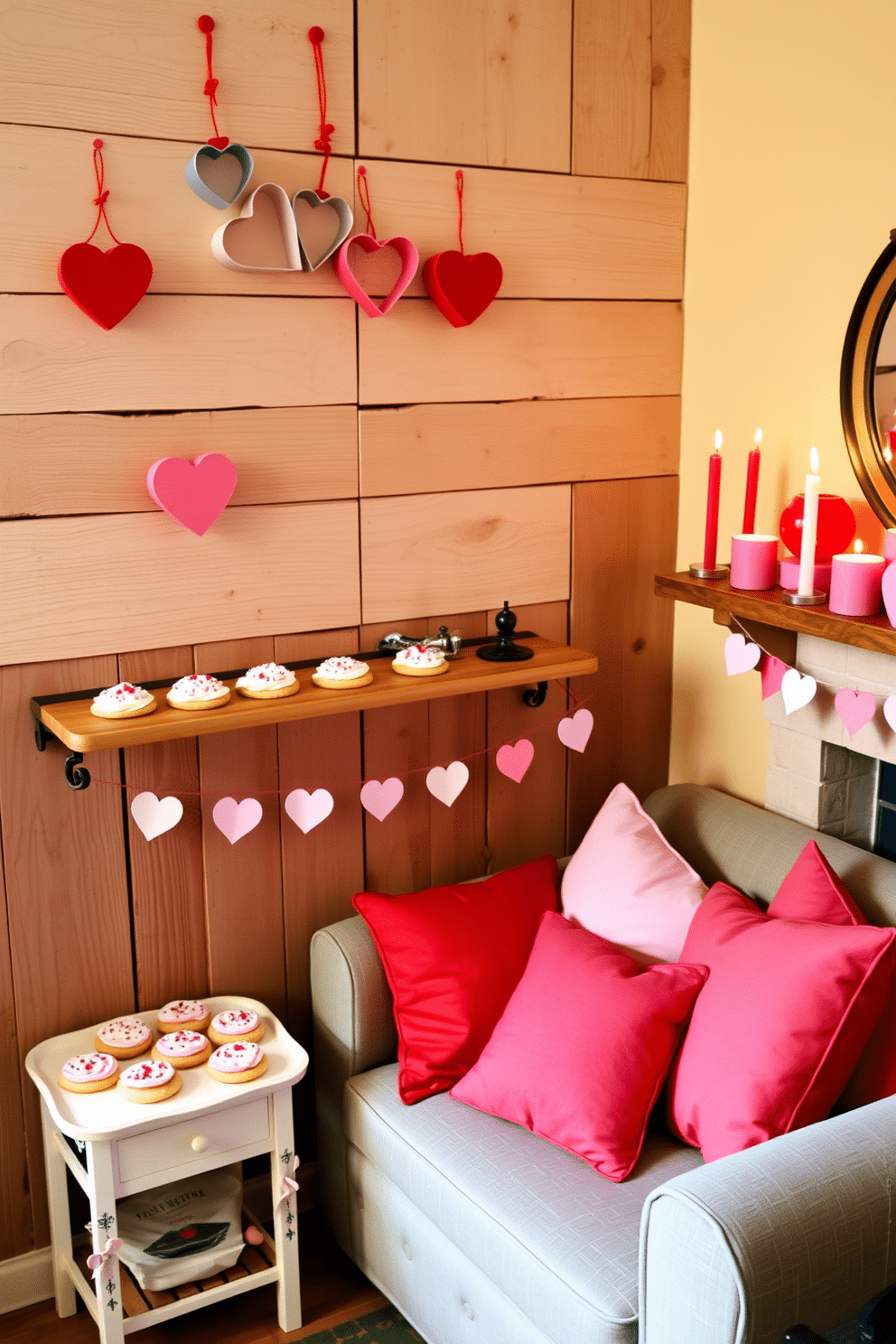 A charming display of heart-shaped cookie cutters hangs on a rustic wooden kitchen wall, adding a playful touch to the space. Below, a beautifully arranged shelf showcases freshly baked cookies, decorated with pastel icing and sprinkles, inviting warmth and love into the home. In a cozy corner of a small living room, soft red and pink cushions are artfully arranged on a compact sofa, creating an inviting atmosphere for Valentine's Day. A delicate garland of paper hearts drapes across the mantel, complemented by flickering candles that cast a romantic glow throughout the room.