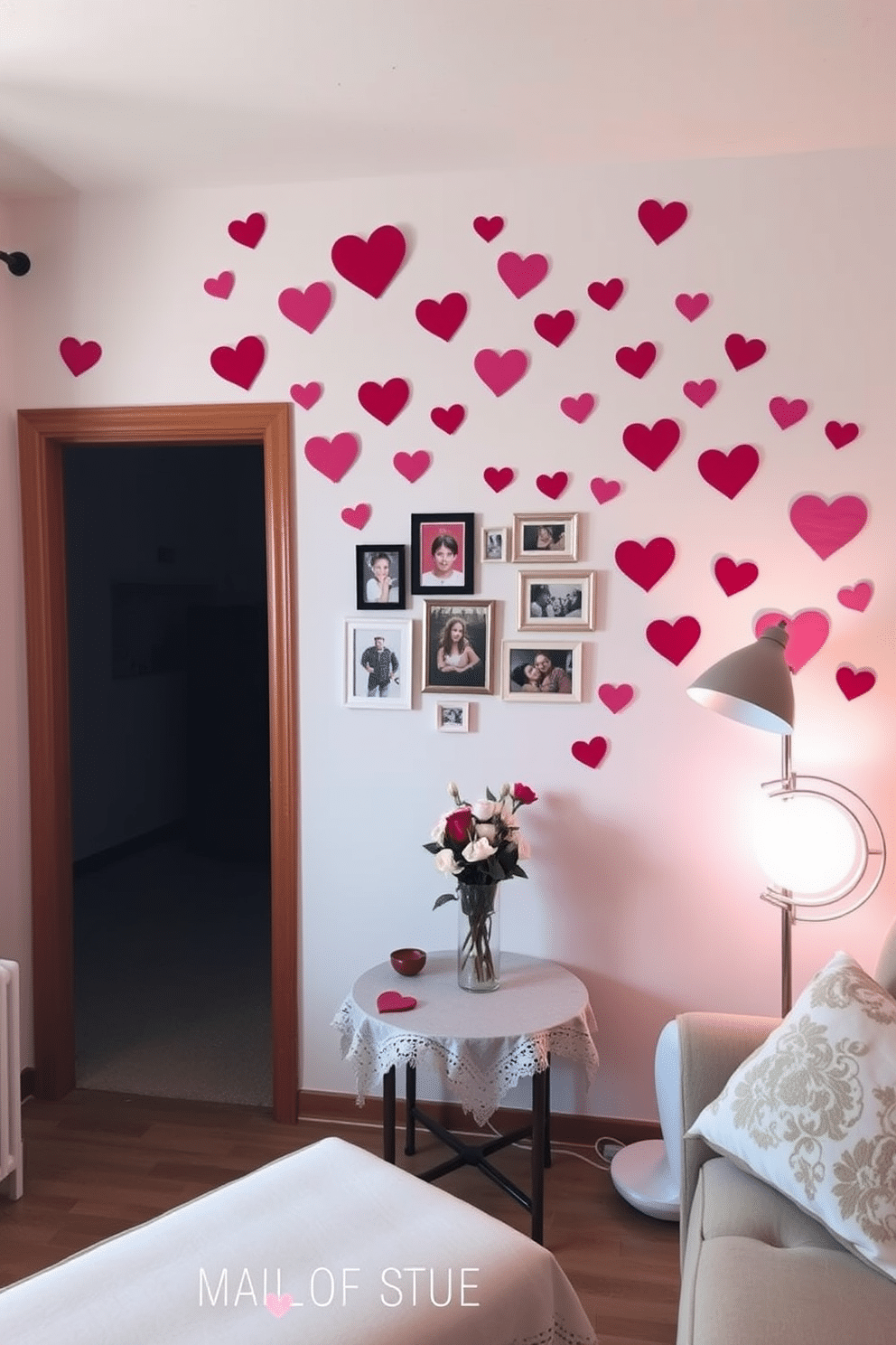 A cozy living space adorned with heart-shaped wall decals in various sizes, creating a whimsical and romantic atmosphere. The decals are arranged playfully around a small gallery wall, featuring framed photos and artwork that complement the Valentine's Day theme. In the corner, a compact table is set with a charming tablecloth and a vase of fresh flowers, adding a touch of elegance to the decor. Soft lighting from a nearby lamp casts a warm glow, enhancing the intimate setting perfect for celebrating love in a small space.