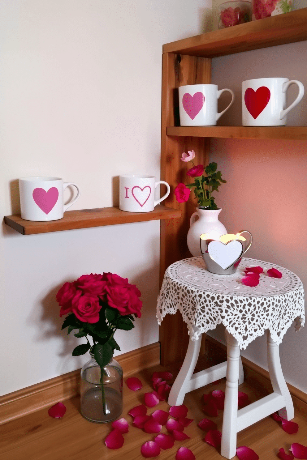 A cozy nook featuring Valentine's Day themed mugs arranged on a rustic wooden shelf. Each mug displays playful heart designs in shades of red and pink, complemented by a small potted plant with vibrant blooms nearby. A charming small space decorated for Valentine's Day, showcasing a compact table adorned with a lace tablecloth and scattered rose petals. A single candle in a heart-shaped holder flickers softly, creating an intimate atmosphere perfect for the occasion.