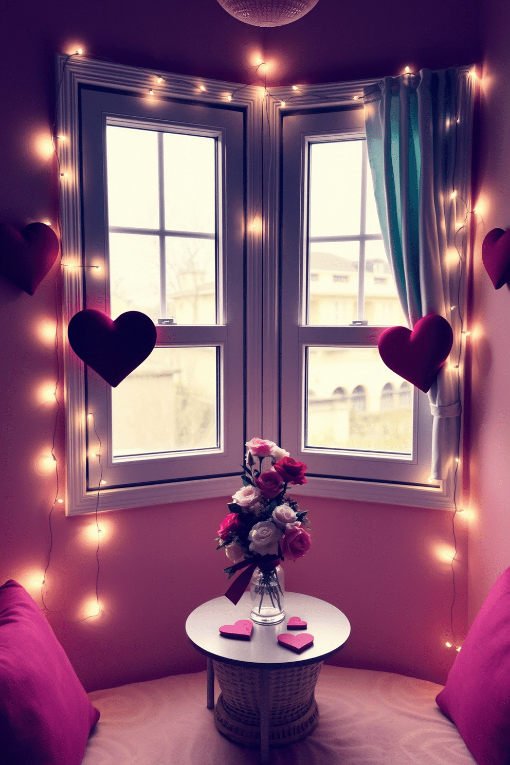 A cozy small space decorated for Valentine's Day features fairy lights delicately draped around the windows, casting a warm and inviting glow throughout the room. Soft pastel colors adorn the walls, while a small table is set with heart-themed decorations and a bouquet of fresh flowers in the center, creating a romantic ambiance.