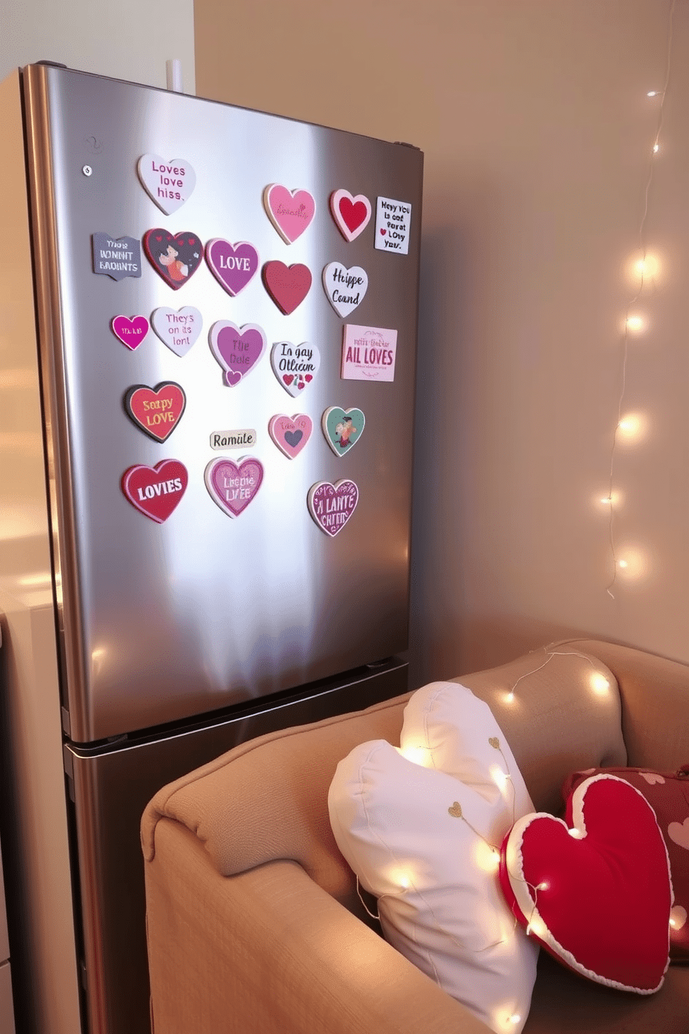 A collection of love-themed fridge magnets is displayed on a sleek, stainless steel refrigerator. Each magnet features vibrant designs, including hearts, romantic quotes, and playful illustrations that add a cheerful touch to the kitchen. In a cozy apartment, small space Valentine's Day decorating ideas come to life with creative accents. Heart-shaped pillows adorn the sofa, while delicate fairy lights create a warm ambiance, transforming the space into a romantic retreat.