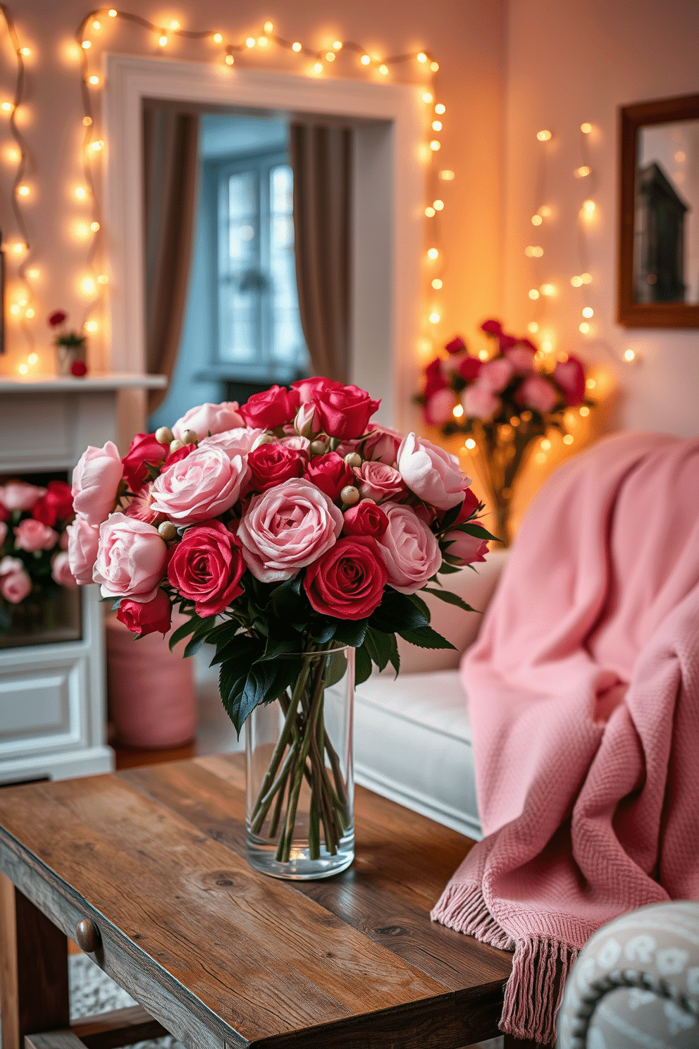 A charming small living area adorned with pink and red floral arrangements. The arrangement features vibrant roses and delicate peonies in a sleek glass vase, placed on a rustic wooden coffee table. Soft, warm lighting enhances the romantic atmosphere, with fairy lights draped along the walls. A cozy throw blanket in a coordinating shade is casually tossed over a plush armchair, inviting relaxation.