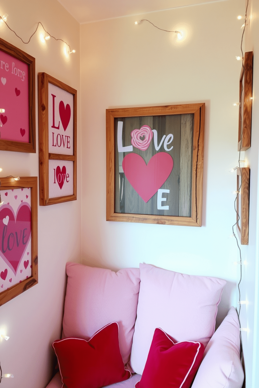 A cozy nook adorned with love-themed wall art that features vibrant colors and playful designs. The artwork is framed in rustic wood, creating a warm and inviting atmosphere. In this small space, delicate fairy lights twinkle around the edges, adding a romantic glow. Soft cushions in shades of red and pink are scattered across a compact seating area, enhancing the Valentine's Day theme.