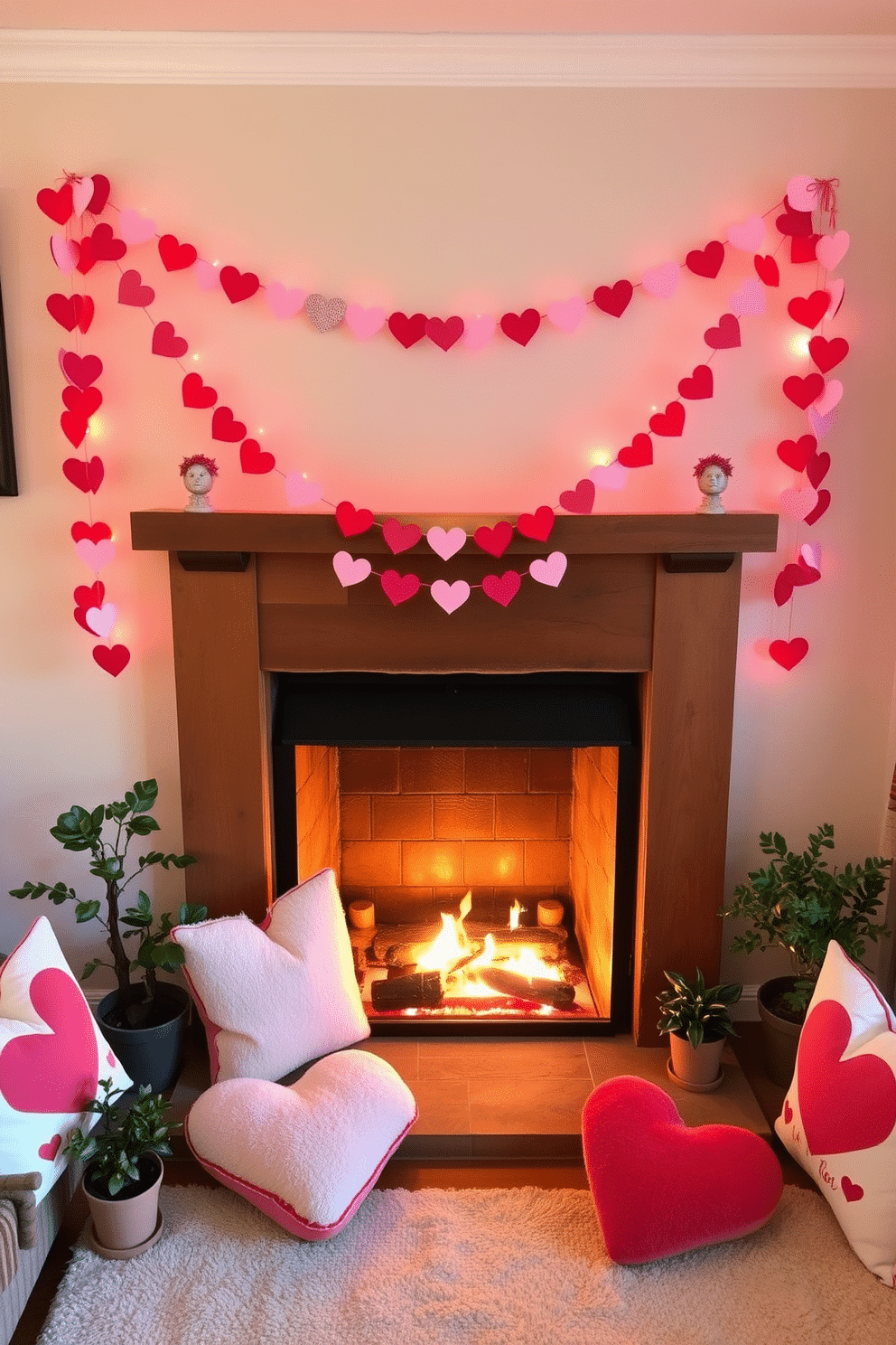 A cozy living room adorned with heart garlands draped elegantly over a rustic fireplace. The warm glow of the fire complements the soft pink and red hues of the decorations, creating an inviting atmosphere for Valentine's Day. In the corners, small potted plants add a touch of greenery, while plush cushions in heart patterns invite guests to relax. The space is thoughtfully arranged to maximize comfort and charm, perfect for celebrating love in a small area.