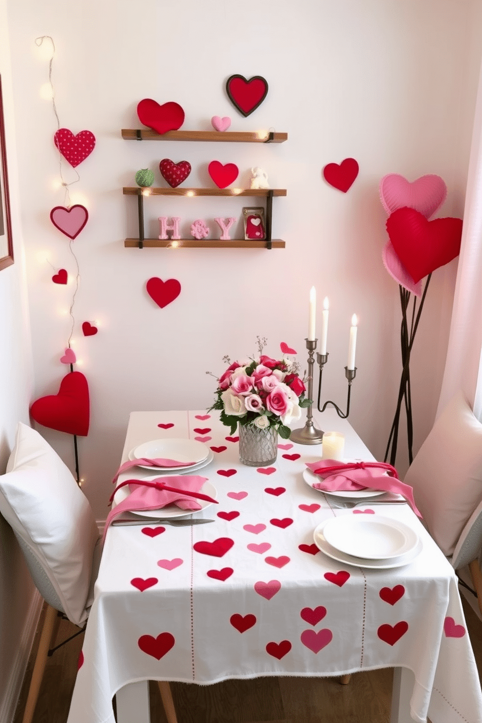 A charming Valentine's Day themed table setting featuring a delicate table runner adorned with red and pink hearts. The runner is complemented by white dinnerware and soft pink napkins, creating a romantic atmosphere. Creative small space decorating ideas for Valentine's Day include using wall-mounted shelves to display heart-shaped decor and fairy lights. A compact dining table is set with a floral centerpiece and cozy candles, perfect for an intimate celebration.