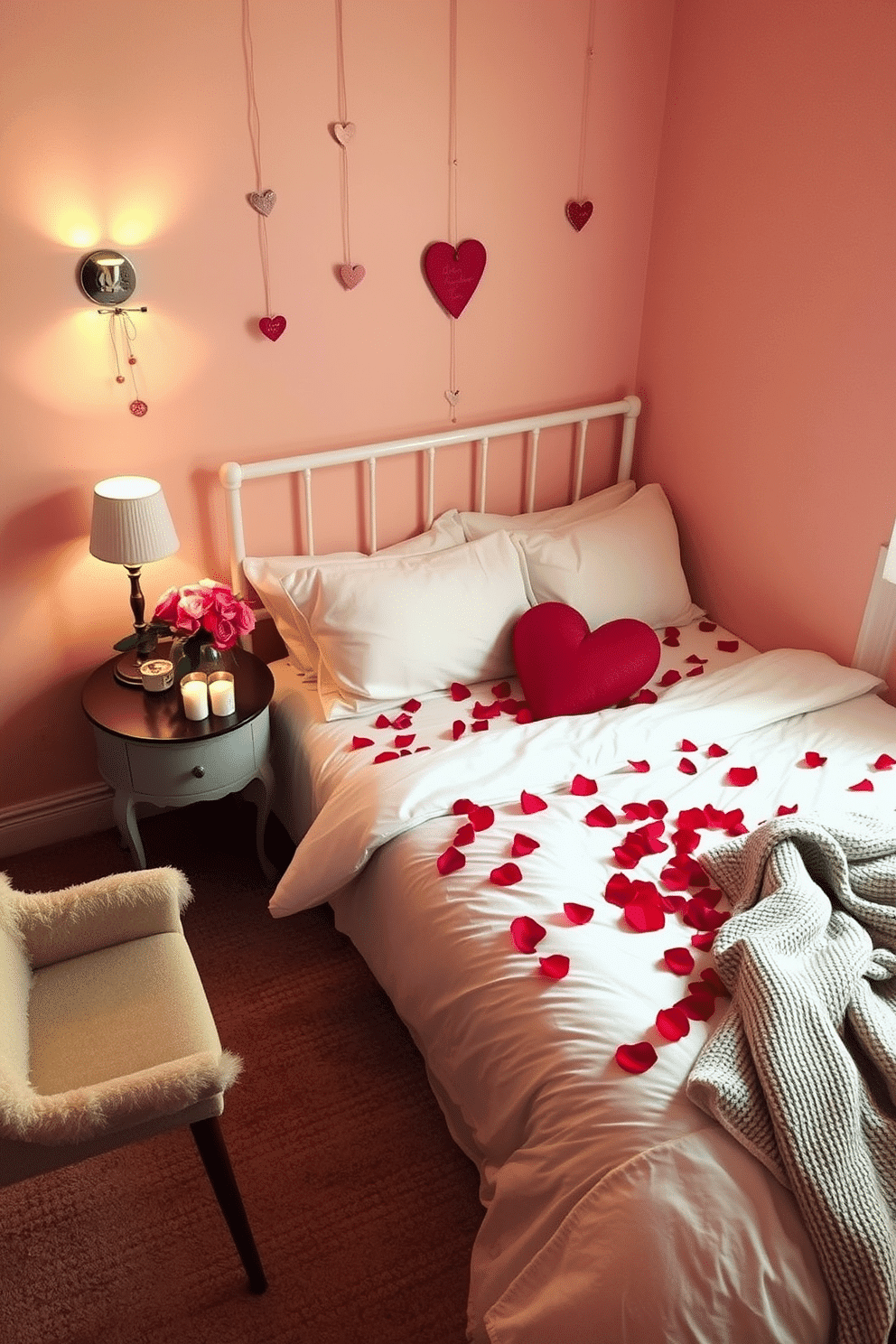 A cozy bedroom adorned for Valentine's Day, featuring a neatly made bed with a white duvet sprinkled with vibrant rose petals. Soft, ambient lighting from bedside lamps creates a romantic atmosphere, while delicate heart-shaped decorations hang from the walls. In a small corner of the room, a charming table is set with a simple vase of fresh roses and a few scented candles. The walls are painted in a soft blush hue, enhancing the intimate feel of the space, with a plush throw draped over a nearby chair for added warmth.