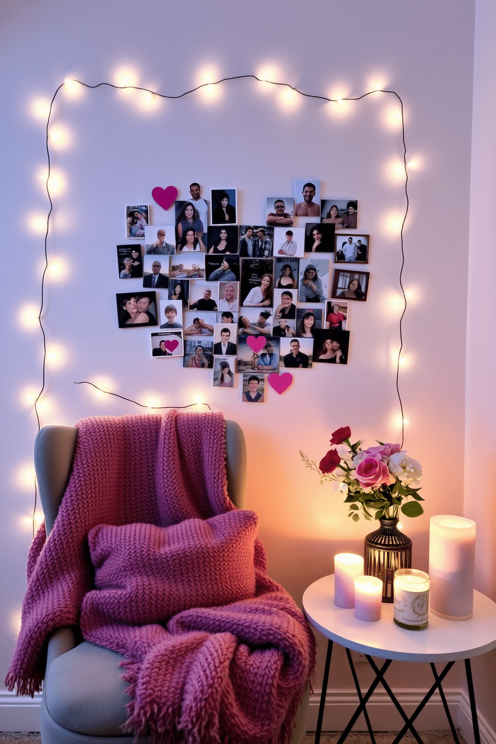 A charming heart-shaped photo collage adorns the wall, featuring an assortment of cherished memories captured in various frames. Surrounding the collage, soft fairy lights twinkle, adding a warm and romantic glow to the small space. Incorporating cozy textiles, a plush throw blanket drapes over a stylish chair, inviting relaxation. A small table is adorned with a vase of fresh flowers and a few decorative candles, enhancing the Valentine's Day ambiance.