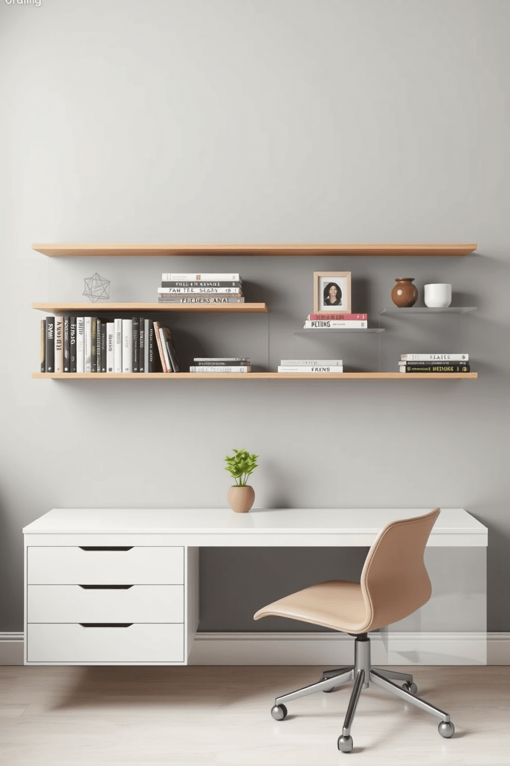 A sleek desk with a minimalist design is positioned against the wall, featuring clean lines and a glossy finish. Above the desk, floating shelves display a curated selection of books and decorative items, enhancing the room's modern aesthetic. The walls are painted in a soft gray, creating a calm and inviting atmosphere. A comfortable chair with a contemporary design complements the desk, while a small potted plant adds a touch of greenery to the space.