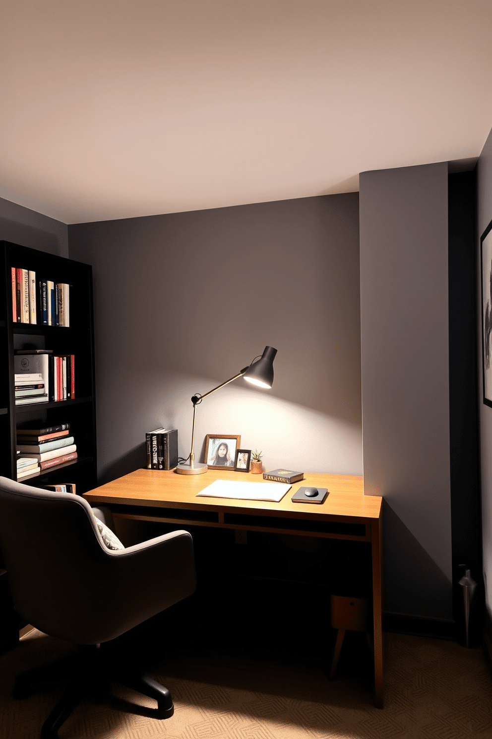 A cozy small study room featuring layered lighting that includes a stylish desk lamp on a sleek wooden desk. The walls are painted in a soft gray, complemented by a comfortable chair and a bookshelf filled with books and personal decor.