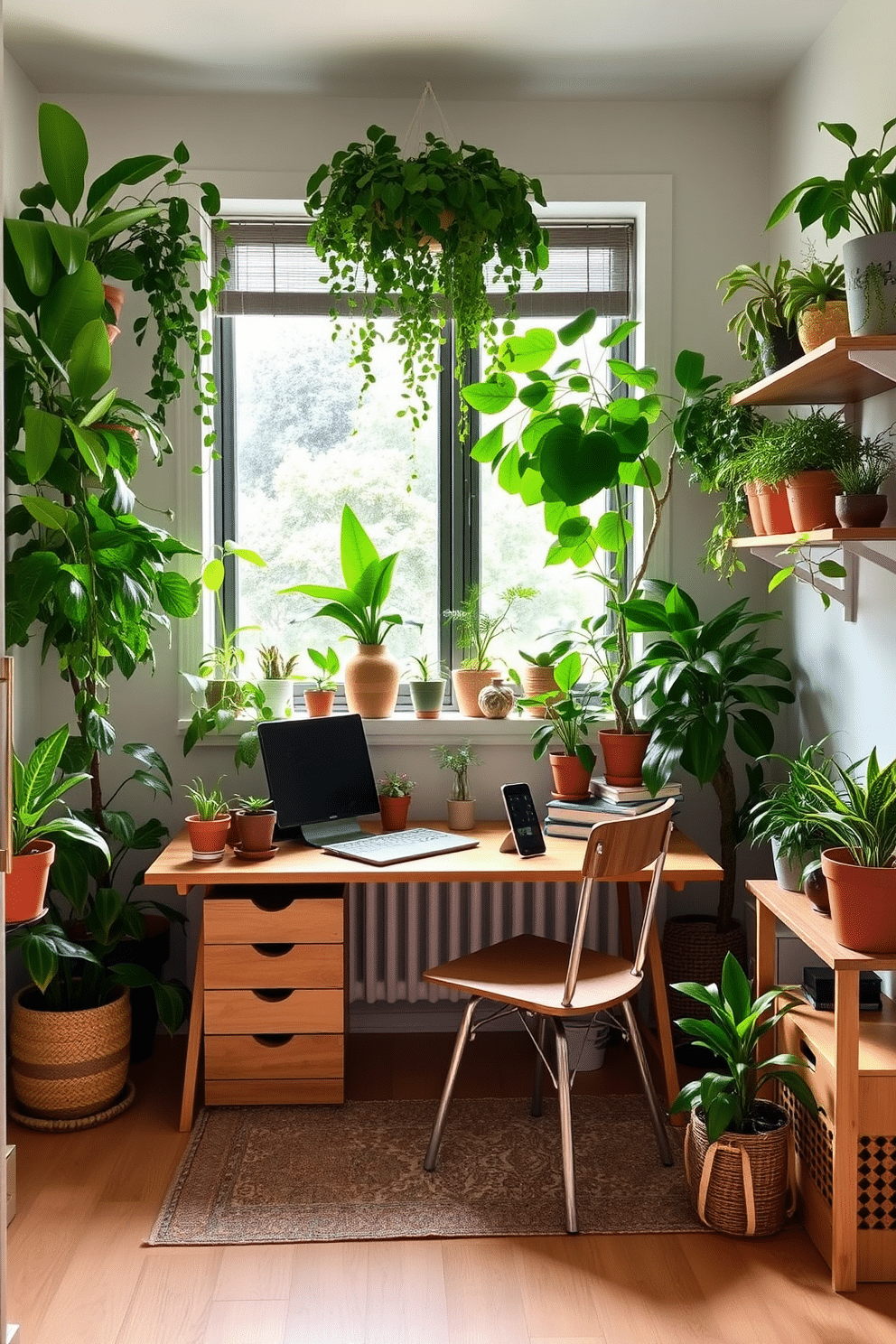 A small study room filled with green plants to enhance fresh air vibes. The desk is positioned by a window, surrounded by potted plants on the sill and shelves, creating an inviting workspace.