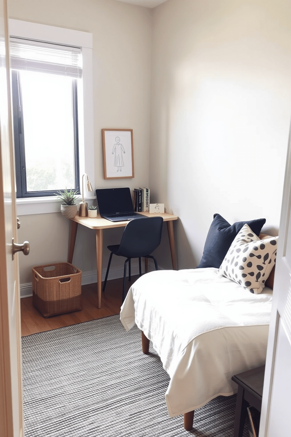 A cozy small study room featuring a textured rug that adds warmth to the space. The walls are painted in a soft, calming color, and a compact desk is positioned near a window, allowing natural light to illuminate the area.