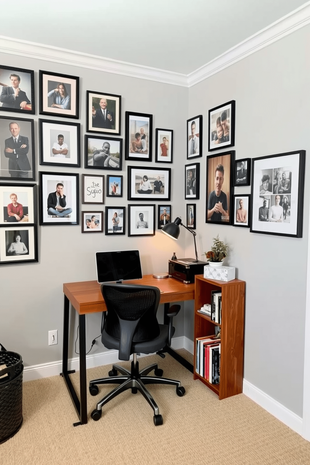 A cozy small study room features personalized wall art that reflects the owner's interests and creativity. The walls are painted in a soft gray, with a gallery of framed prints and photographs arranged in an eclectic style. In the corner, a sleek wooden desk with a minimalist design is paired with a comfortable ergonomic chair. A small bookshelf filled with favorite novels and decorative items adds a touch of warmth and personality to the space.