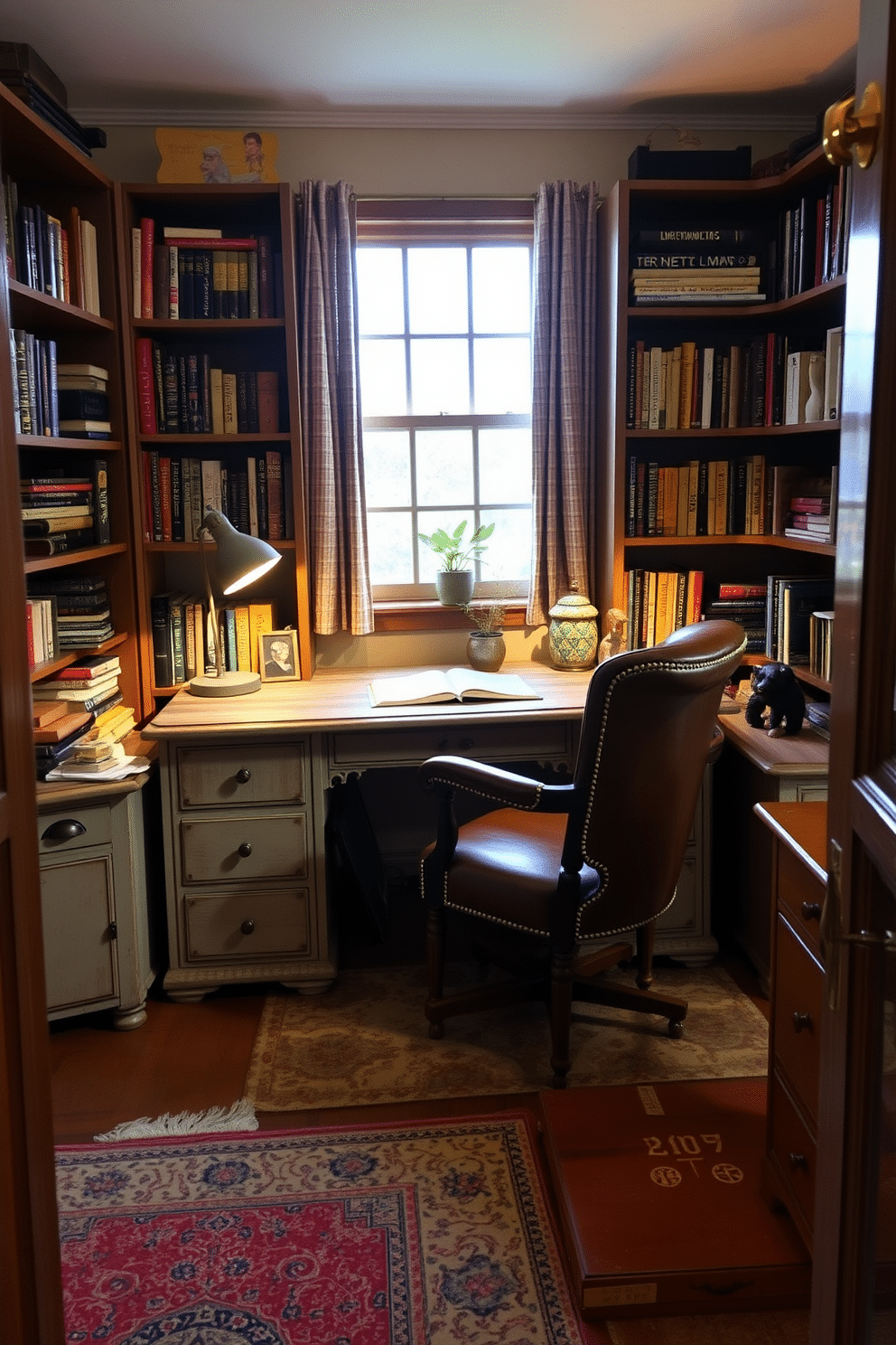 A cozy small study room featuring vintage furniture that exudes unique charm. The room includes a distressed wooden desk paired with a classic leather chair, surrounded by bookshelves filled with an eclectic collection of books and decorative items. Soft, warm lighting from a vintage desk lamp casts a gentle glow over the space, enhancing the inviting atmosphere. A patterned area rug lies beneath the desk, adding texture and warmth to the hardwood floor, while a small potted plant sits on the windowsill, bringing a touch of nature indoors.