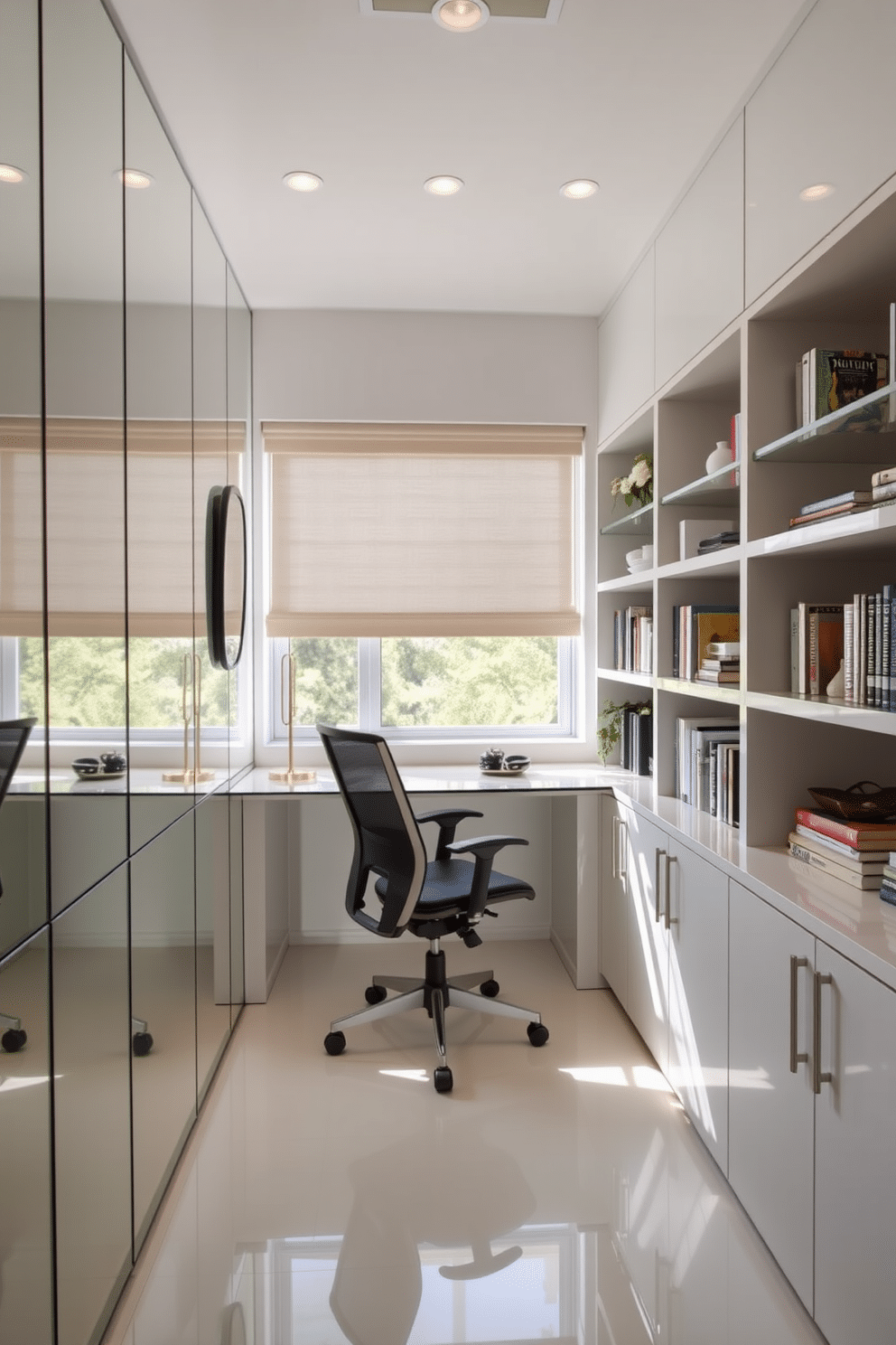 A small study room featuring mirrored surfaces that reflect natural light, creating an airy and bright atmosphere. The space includes a sleek, modern desk with a glass top and a comfortable ergonomic chair, complemented by a wall of built-in shelves lined with books and decorative items.