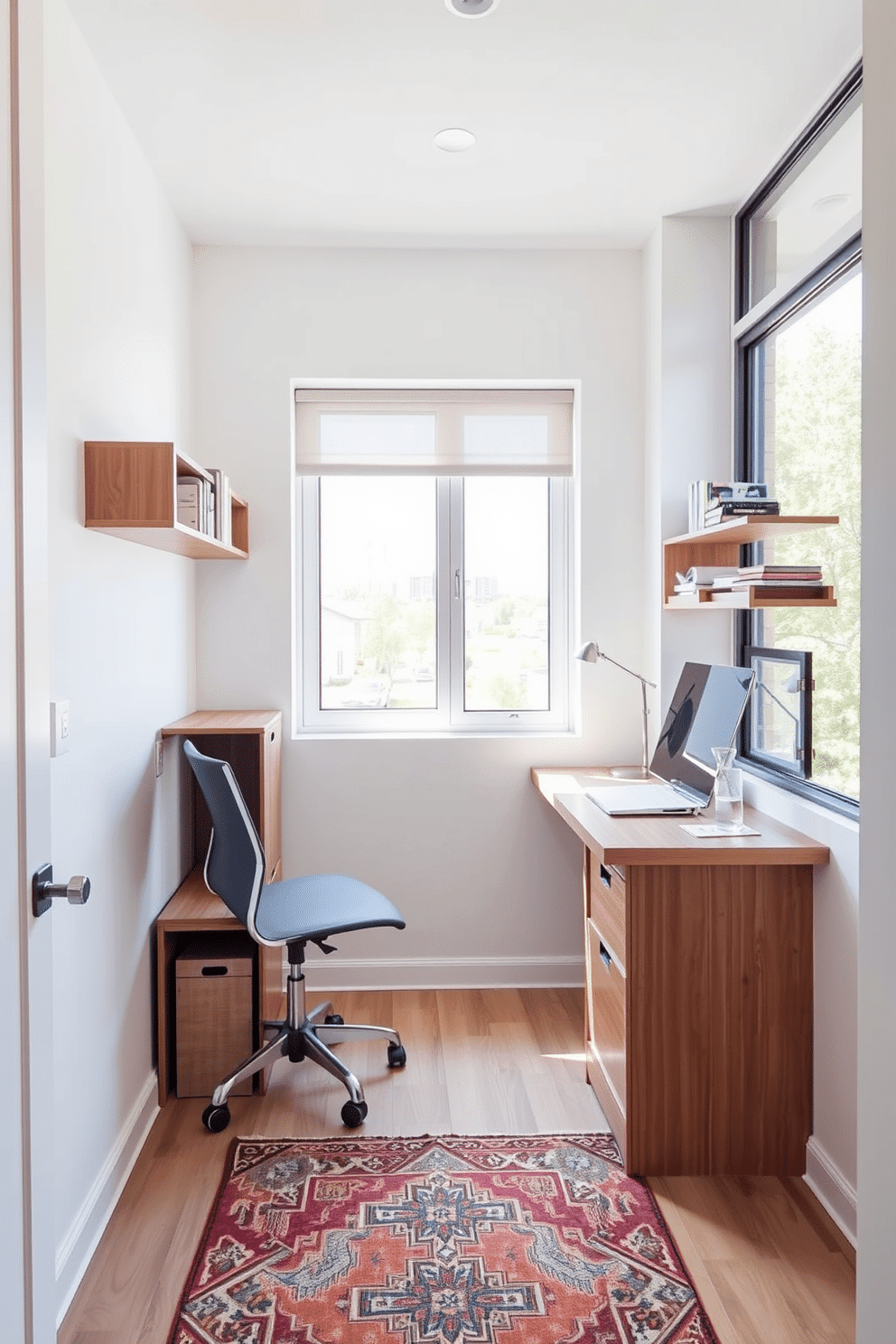 A small study room features a sleek, multi-functional desk that can be folded away when not in use, maximizing the available space. A comfortable chair with built-in storage underneath complements the desk, while wall-mounted shelves provide additional storage without taking up floor space. The room is painted in a light, calming color to enhance focus, and a large window allows natural light to flood in. A small, stylish rug defines the workspace, adding warmth and texture to the overall design.