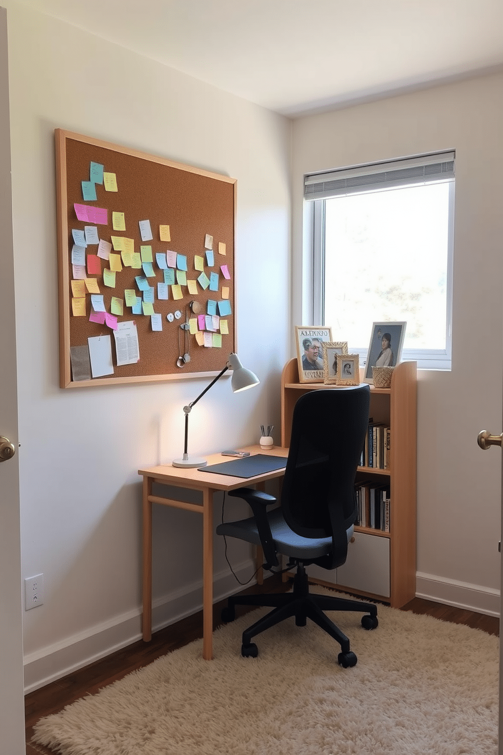 A cozy small study room featuring a corkboard mounted on the wall, filled with colorful notes and reminders. The room is painted in soft pastel tones, with a compact wooden desk positioned under a window that allows natural light to flood in. A comfortable ergonomic chair sits at the desk, accompanied by a small bookshelf filled with neatly organized books and decorative items. A stylish desk lamp provides focused lighting, while a plush area rug adds warmth to the space.