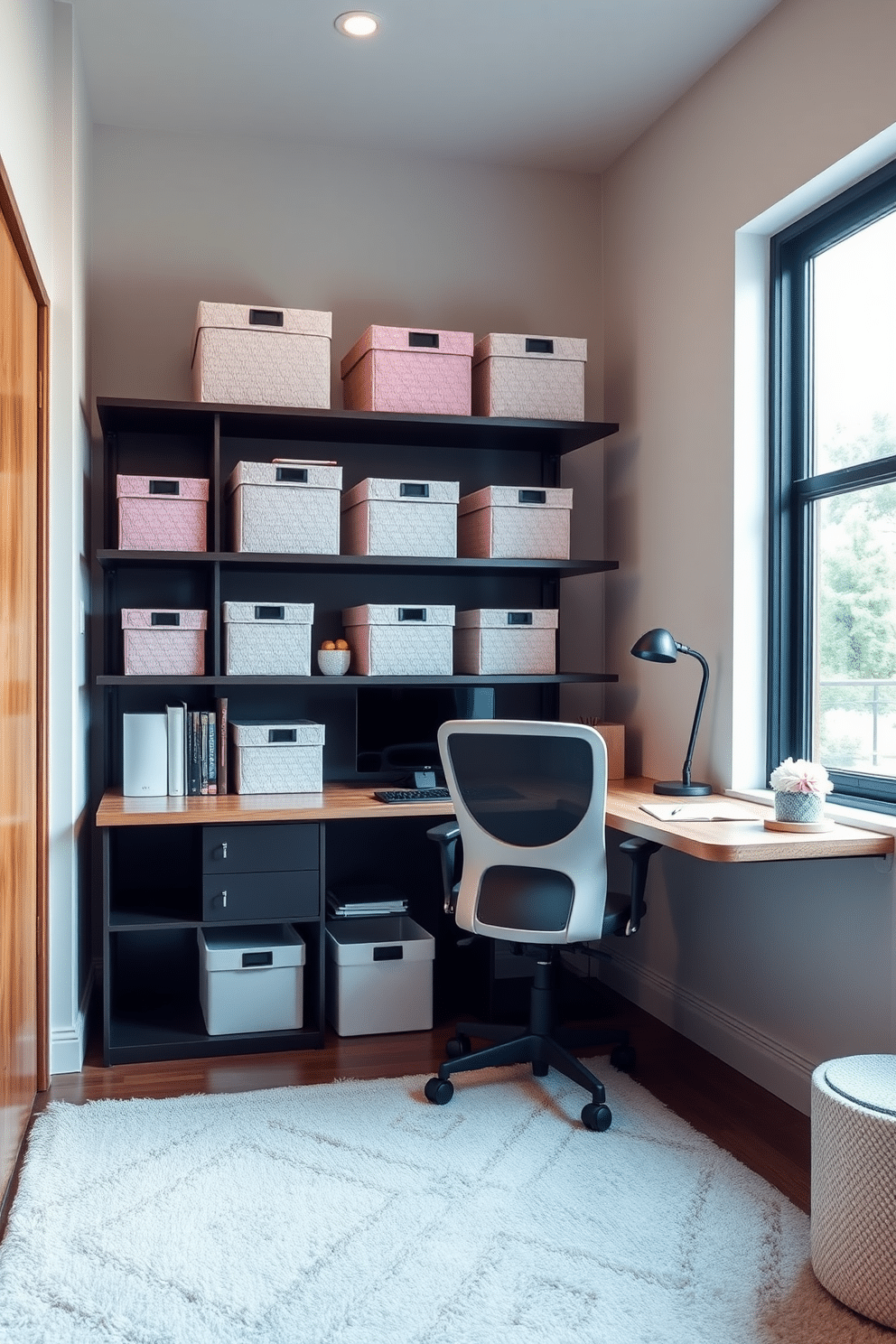 A stylish small study room features decorative storage boxes in various sizes, artfully arranged on a sleek bookshelf. The boxes are made of textured fabric in soft pastel colors, adding a touch of elegance while keeping the space organized. The study desk is minimalist, with a clean wooden surface and a comfortable ergonomic chair. A large window allows natural light to flood the room, complemented by a cozy rug that ties the color scheme together.