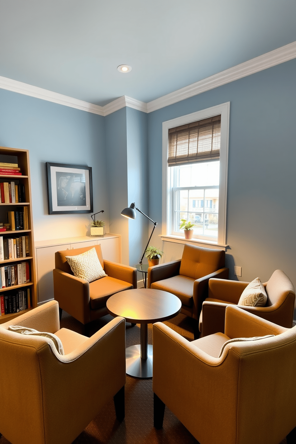 A small round table is positioned at the center of a cozy study room, surrounded by plush chairs that encourage collaboration. The walls are painted in a soft blue hue, and a large window lets in natural light, illuminating the space. On one side of the room, a sleek bookshelf filled with books and decorative items adds character, while a small potted plant brings a touch of greenery. A stylish desk lamp on the table provides focused lighting for work sessions, creating a warm and inviting atmosphere.