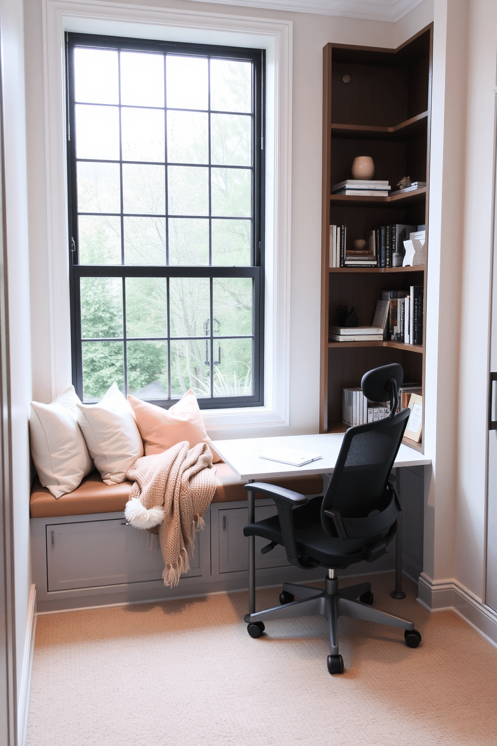 Cozy nook with large window seat. The space features plush cushions in soft pastel colors and a warm throw blanket draped over the seat. Small study room design ideas. A sleek desk with a minimalist design is positioned under the window, complemented by a stylish ergonomic chair and a small bookshelf filled with books and decorative items.