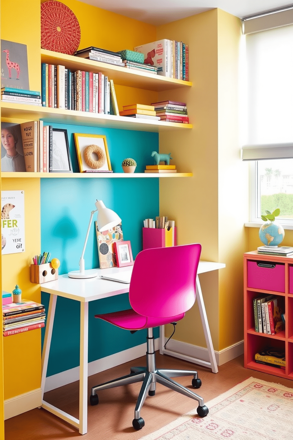 A vibrant small study room filled with bright colors that energize the space. The walls are painted in a cheerful yellow, complemented by a teal accent wall where a sleek desk is positioned. A modern white desk with a colorful chair sits against the wall, adorned with a stylish desk lamp and an array of vibrant stationery. Shelves above the desk are filled with books and decorative items in bold hues, creating a lively and inspiring atmosphere.