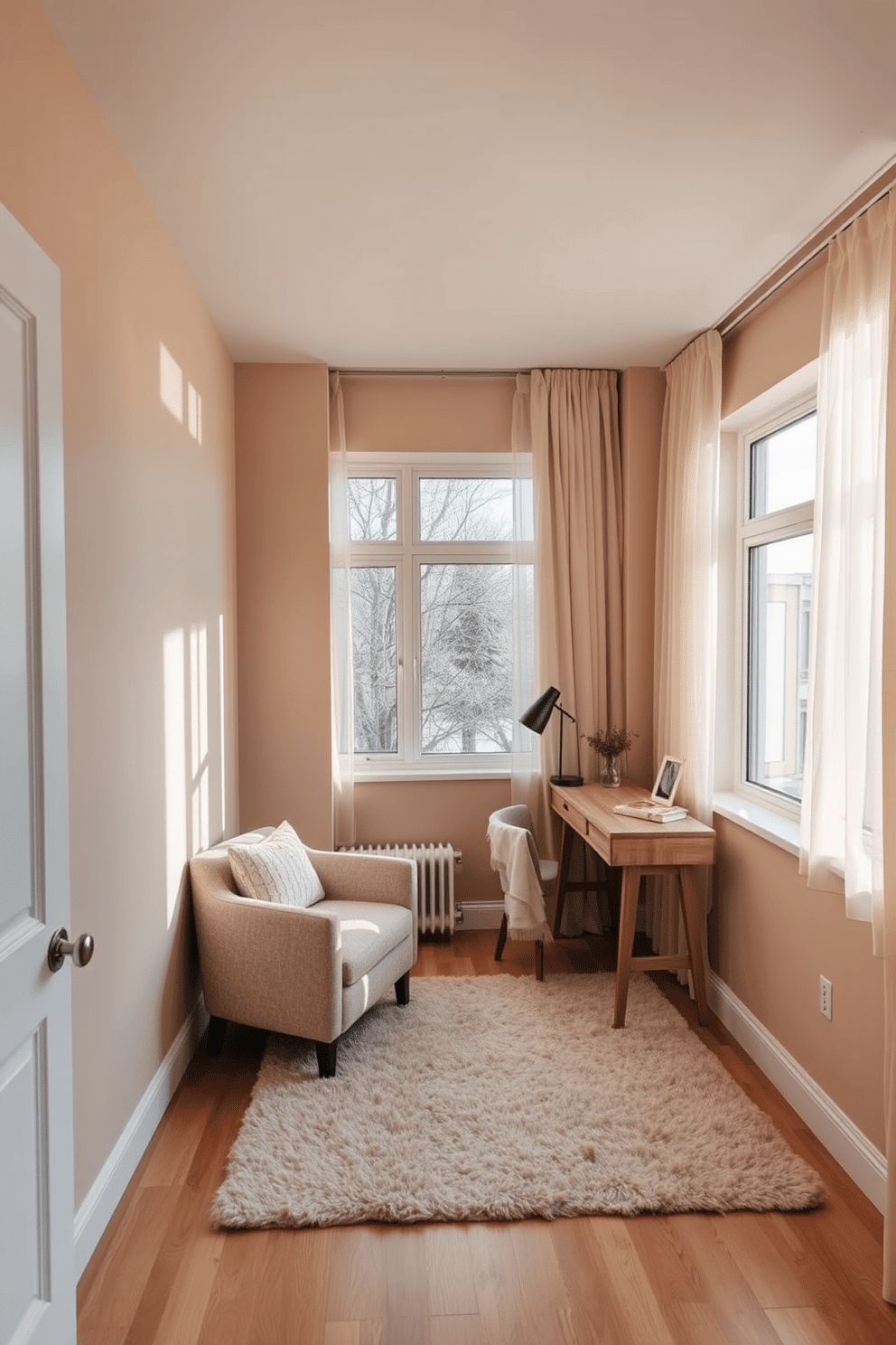 A small study room designed for comfort and productivity, featuring soft textiles that enhance the cozy atmosphere. The walls are painted in a warm beige, complemented by a plush area rug and cushioned armchair, inviting relaxation during study sessions. A sleek wooden desk sits against the wall, adorned with a stylish lamp and minimalistic decor. Large windows allow natural light to flood the space, while sheer curtains softly diffuse the sunlight, creating an inviting and serene environment.