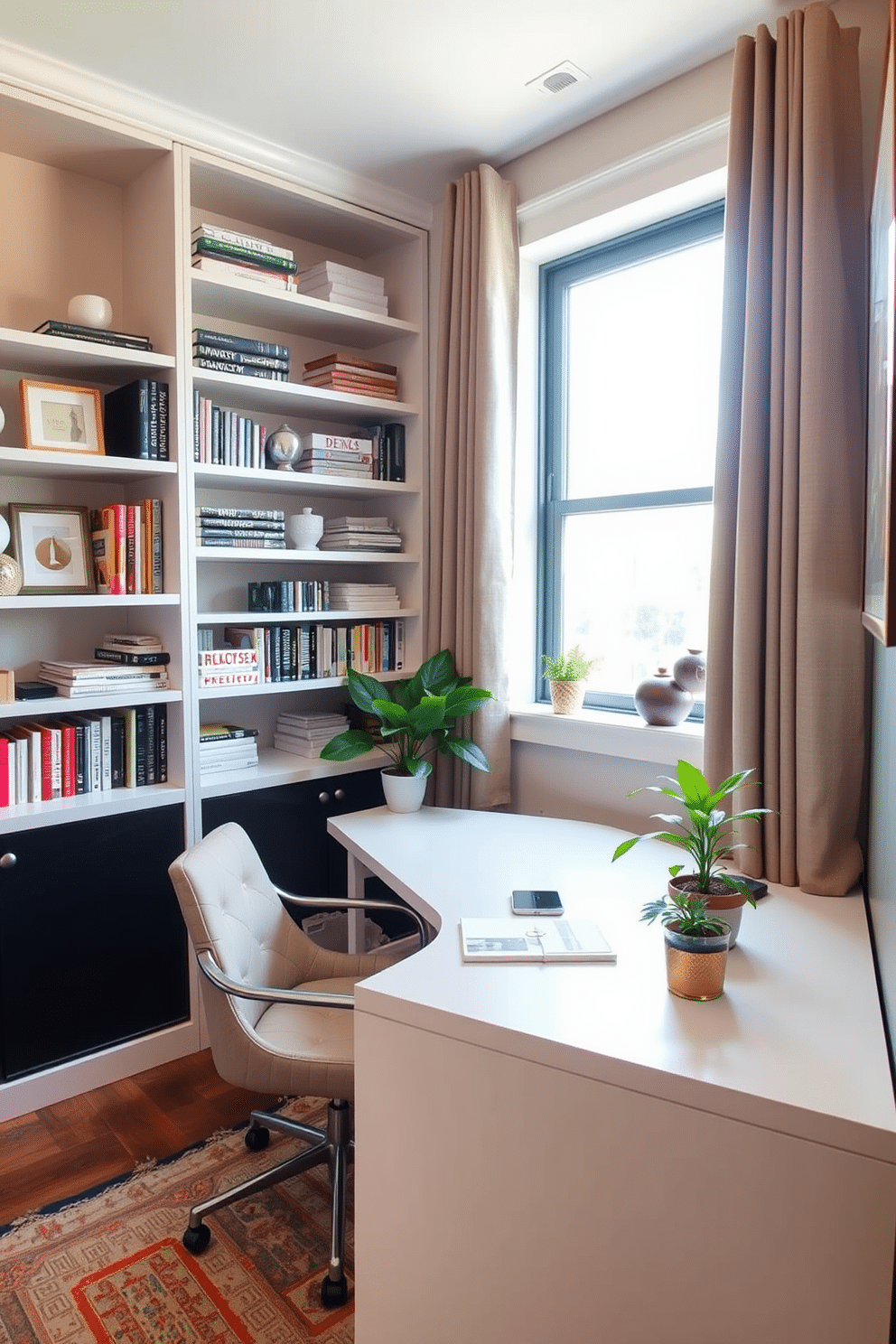 A cozy small study room features open shelving along one wall, showcasing neatly organized books and decorative items for easy access. A sleek desk is positioned near a window, allowing natural light to illuminate the workspace, complemented by a comfortable chair and a small potted plant for a touch of greenery.