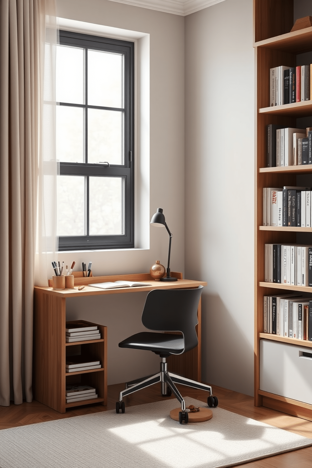 A stylish desk organizer designed for a clutter-free environment features sleek lines and compartments for pens, notebooks, and other essentials. The organizer is crafted from natural wood with a matte finish, complementing the minimalist aesthetic of the small study room. The small study room is bathed in soft, natural light from a large window adorned with sheer curtains. A compact desk sits against one wall, paired with a comfortable chair, while a bookshelf filled with neatly arranged books adds an inviting touch.