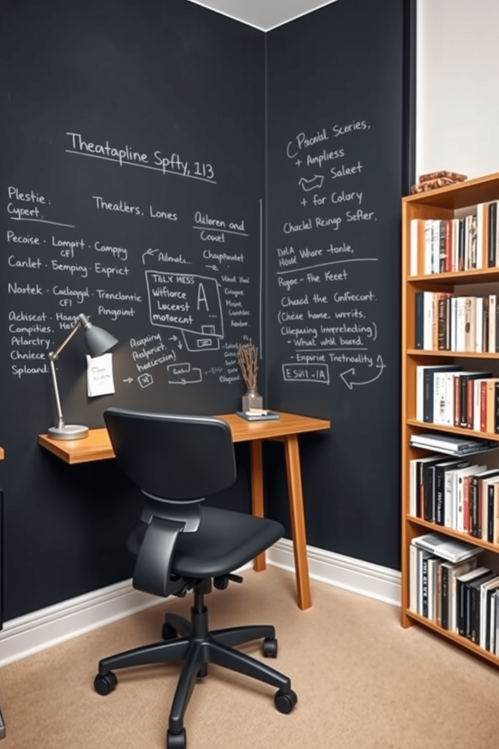 A small study room featuring a chalkboard wall that covers one side, providing ample space for brainstorming and creative ideas. The room is adorned with a sleek wooden desk, a comfortable ergonomic chair, and a bookshelf filled with inspiring literature, all set against a backdrop of soft, neutral colors.