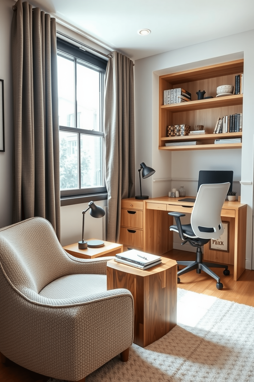 A cozy relaxation corner features a plush accent chair upholstered in soft, textured fabric, positioned near a large window that allows natural light to flood the space. A small side table made of reclaimed wood sits beside the chair, adorned with a stylish lamp and a stack of books for a perfect reading nook. The small study room is designed with a minimalist approach, showcasing a sleek desk made of light oak paired with a comfortable ergonomic chair. Shelves filled with neatly organized books and decorative items line the walls, while a soft area rug adds warmth and texture to the room.