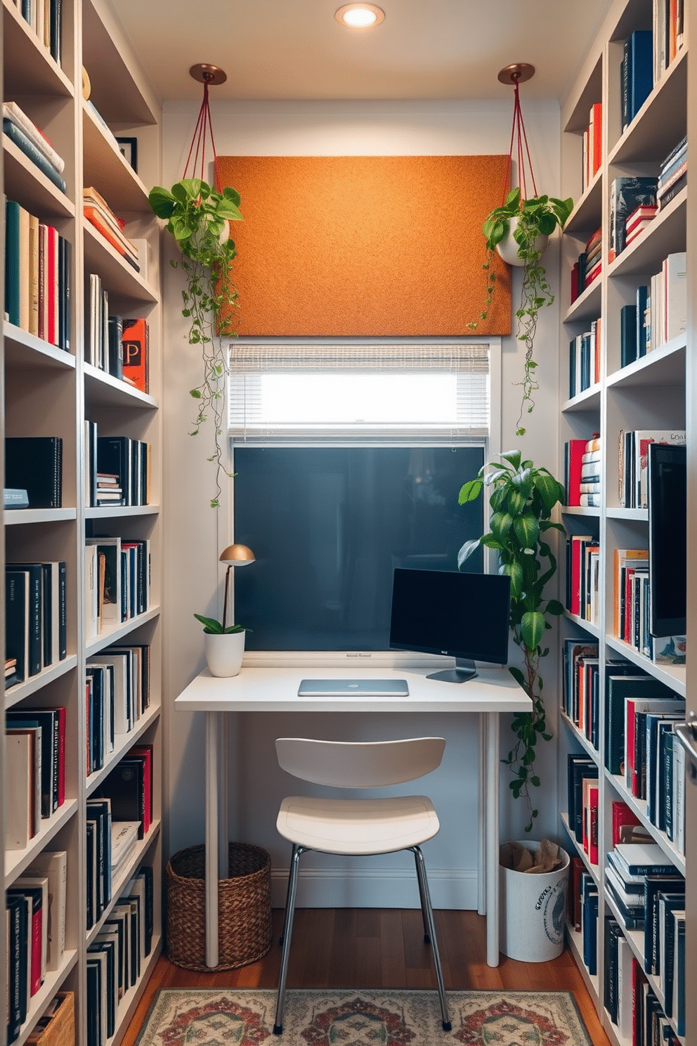 A small study room with creative use of vertical space. The walls are lined with custom-built shelves filled with books and decorative items, maximizing storage while maintaining an open feel. A compact desk is positioned beneath a window, allowing natural light to illuminate the workspace. Above the desk, a corkboard is mounted for organization, framed by plants cascading down from hanging planters.