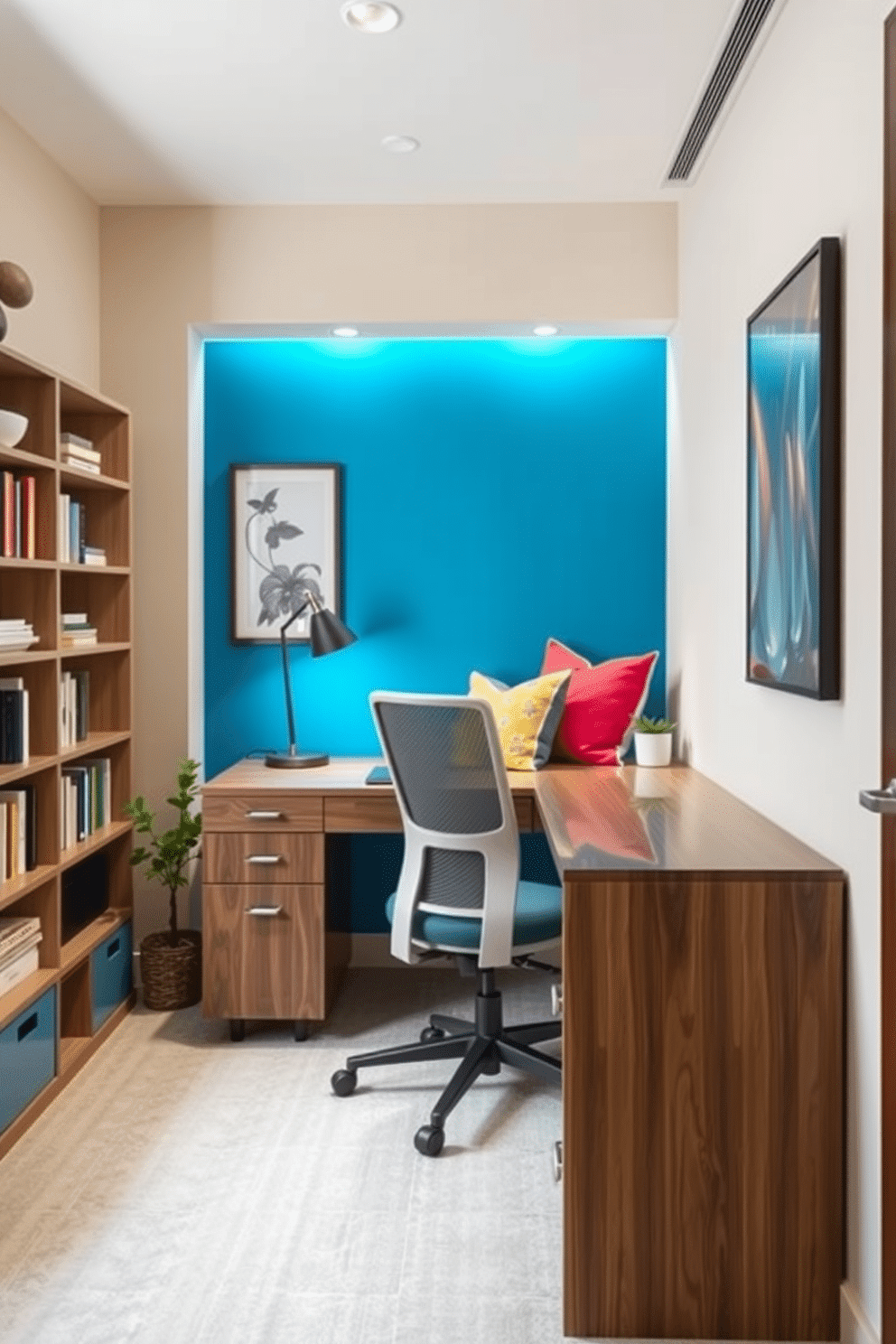 A cozy small study room featuring a neutral palette with pops of color. The walls are painted in a soft beige, complemented by a vibrant blue accent wall behind a sleek wooden desk. A comfortable ergonomic chair is positioned at the desk, with colorful cushions adding a touch of warmth. A bookshelf filled with books and decorative items lines one wall, while a small potted plant adds a refreshing green element to the space.