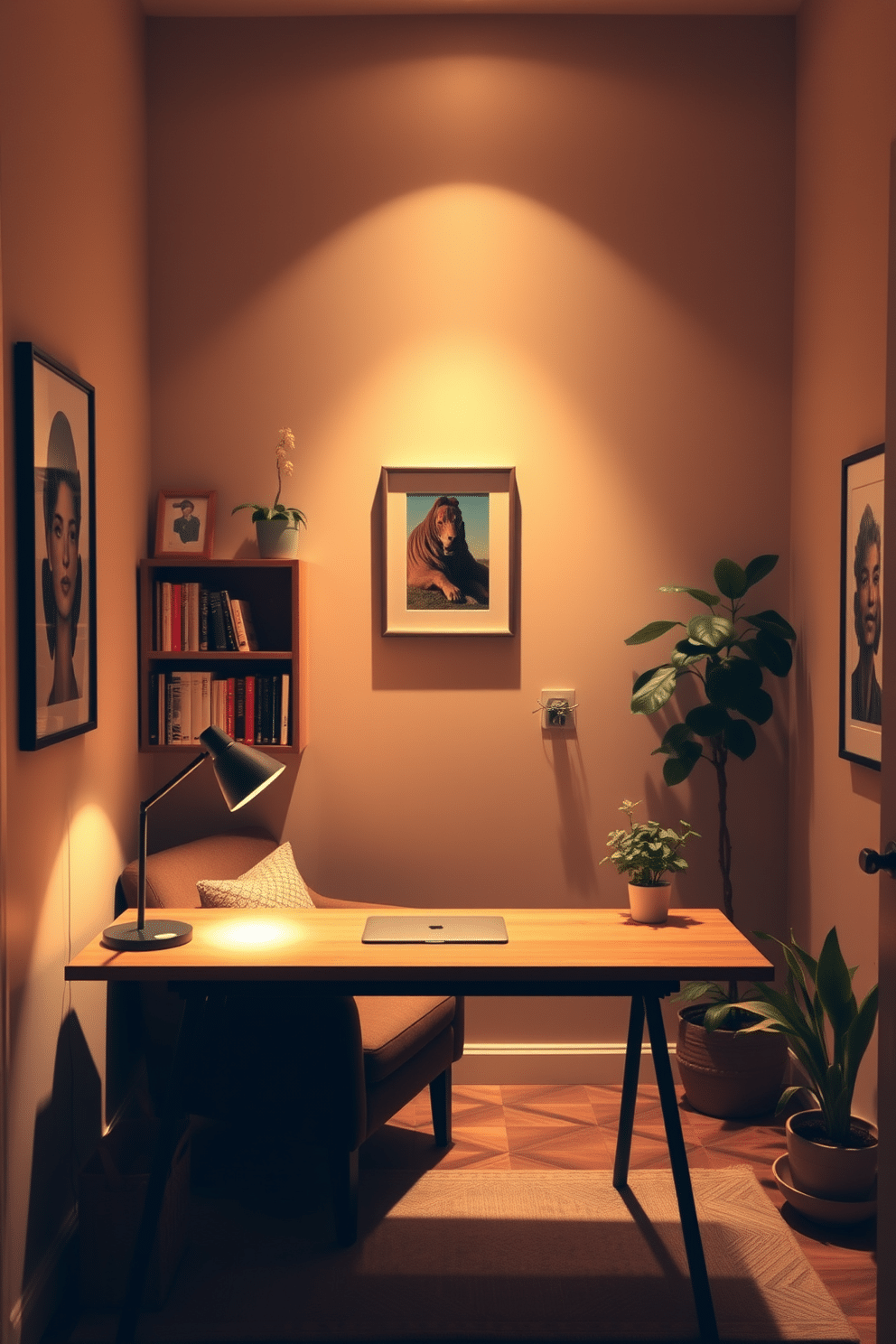 A small study room designed for comfort and productivity, featuring warm lighting that creates an inviting atmosphere. The walls are painted in a soft beige, complemented by a cozy reading nook with a plush armchair and a small bookshelf filled with favorite titles. A sleek wooden desk sits against the wall, adorned with a stylish desk lamp that provides a warm glow. A few potted plants add a touch of greenery, while framed artwork brightens the space and inspires creativity.