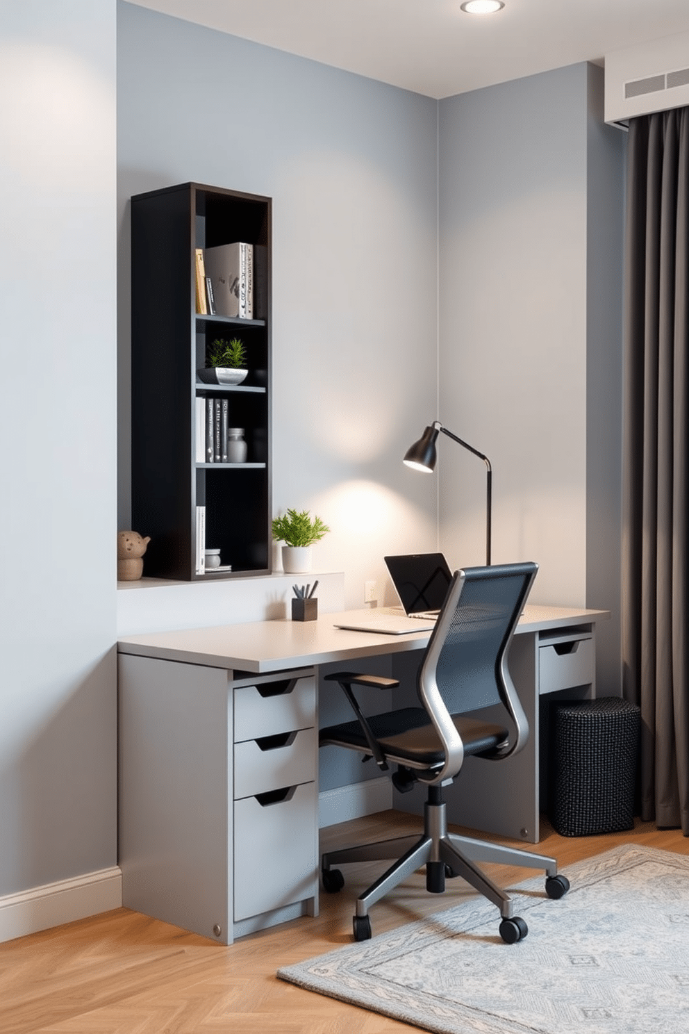 A compact study room designed for maximum efficiency features a sleek desk with built-in under-desk storage solutions. The walls are painted in a calming light blue, and a comfortable ergonomic chair complements the minimalist aesthetic. In the corner, a tall bookshelf holds neatly organized books and decorative items, while a small potted plant adds a touch of greenery. Soft, ambient lighting from a stylish desk lamp creates a warm and inviting atmosphere.