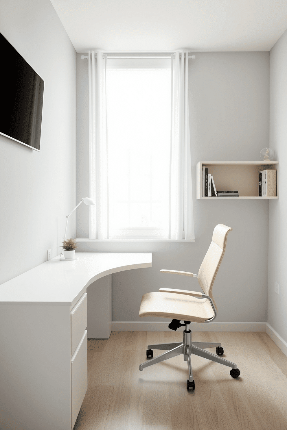 A minimalist study room featuring a sleek, white desk with clean lines positioned against a light gray wall. A comfortable ergonomic chair in soft beige complements the space, while a small potted plant adds a touch of greenery on the desk. The room is illuminated by natural light streaming through a large window adorned with sheer white curtains. A simple bookshelf with a few select books and decorative items is mounted on the adjacent wall, maintaining the uncluttered aesthetic.