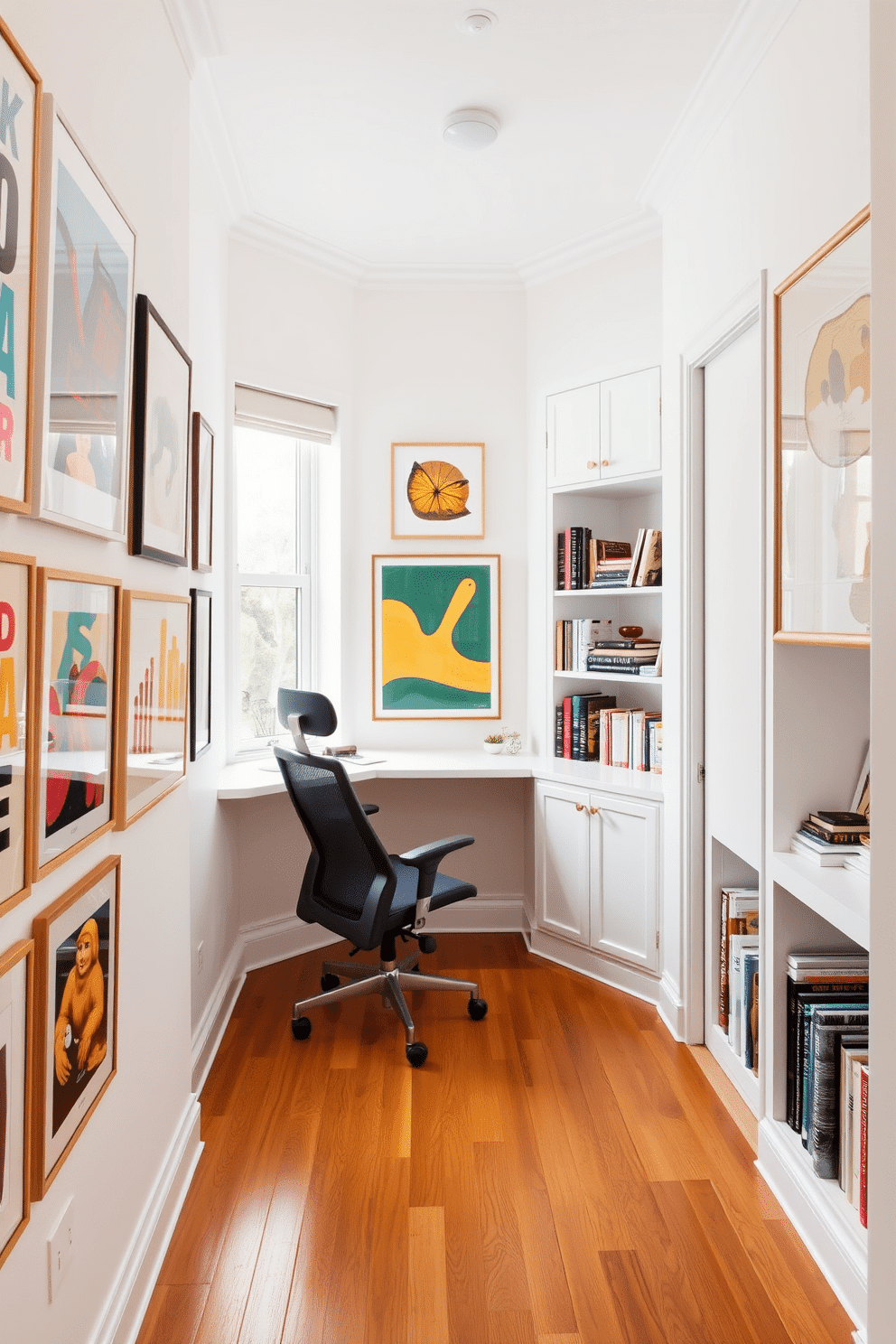 A chic artwork gallery featuring a mix of contemporary and classic pieces. The walls are painted in a soft white hue, allowing the vibrant colors of the artwork to stand out, while warm wooden flooring adds a cozy touch. A small study room designed for productivity and comfort. It includes a sleek desk positioned by a window, with a stylish ergonomic chair and built-in shelves filled with books and personal mementos.