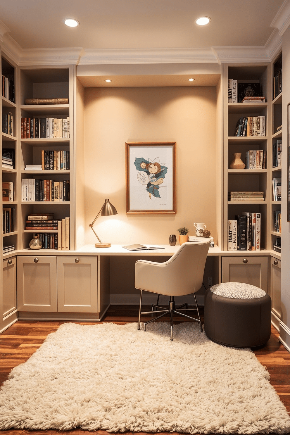 A cozy small study room featuring a built-in desk seamlessly integrated into a wall of custom bookcases. The bookcases are filled with a mix of books and decorative items, while the desk is adorned with a stylish lamp and a few personal touches. Soft, neutral tones dominate the space, with a warm beige accent wall that enhances the room's inviting atmosphere. A plush area rug lies underfoot, complementing the wooden flooring and providing comfort while working or studying.