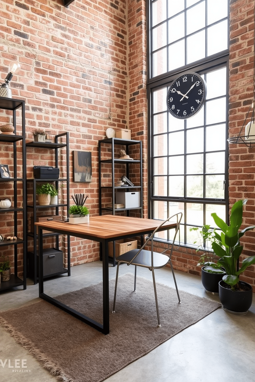 A small study room designed with an industrial theme features exposed brick walls and large metal-framed windows that allow natural light to flood the space. A sleek metal desk with a reclaimed wood top sits against one wall, accompanied by a vintage metal chair and a stylish desk lamp with an Edison bulb. The room is adorned with various metal accents, including shelving units made of black steel and a wall-mounted clock with a rustic finish. A plush area rug in muted tones adds warmth to the concrete floor, while potted plants bring a touch of greenery to the industrial aesthetic.