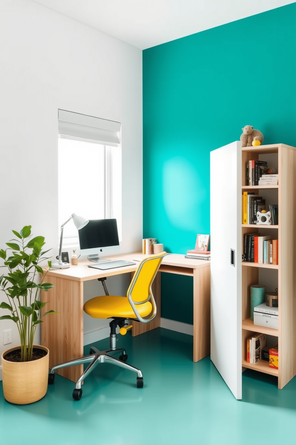 A vibrant accent wall painted in a rich teal color serves as the focal point of a small study room, inspiring creativity and energy. The remaining walls are a soft white, providing a bright contrast and making the space feel open and airy. The study features a sleek, modern desk made of light wood, paired with a comfortable ergonomic chair in a bold yellow hue. A small bookshelf filled with colorful books and decorative items adds personality to the room, while a potted plant in the corner brings a touch of nature indoors.