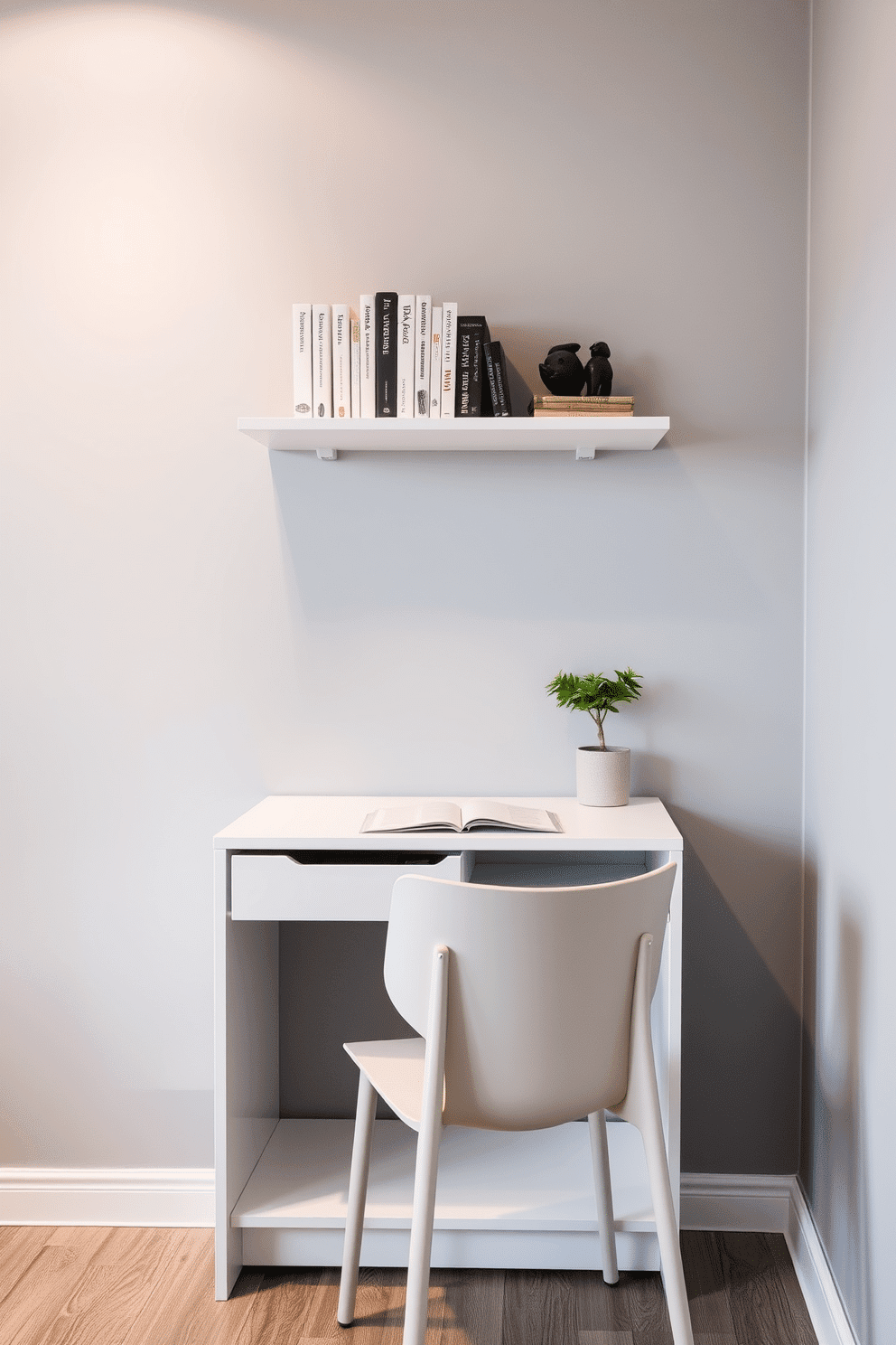 A compact desk with hidden storage is positioned against the wall, featuring sleek lines and a minimalist design. Above the desk, a wall-mounted shelf holds books and decorative items, creating an organized and stylish workspace. The small study room is painted in a soft gray hue, enhancing the sense of space and tranquility. A comfortable chair with a modern aesthetic complements the desk, while a small potted plant adds a touch of greenery to the environment.