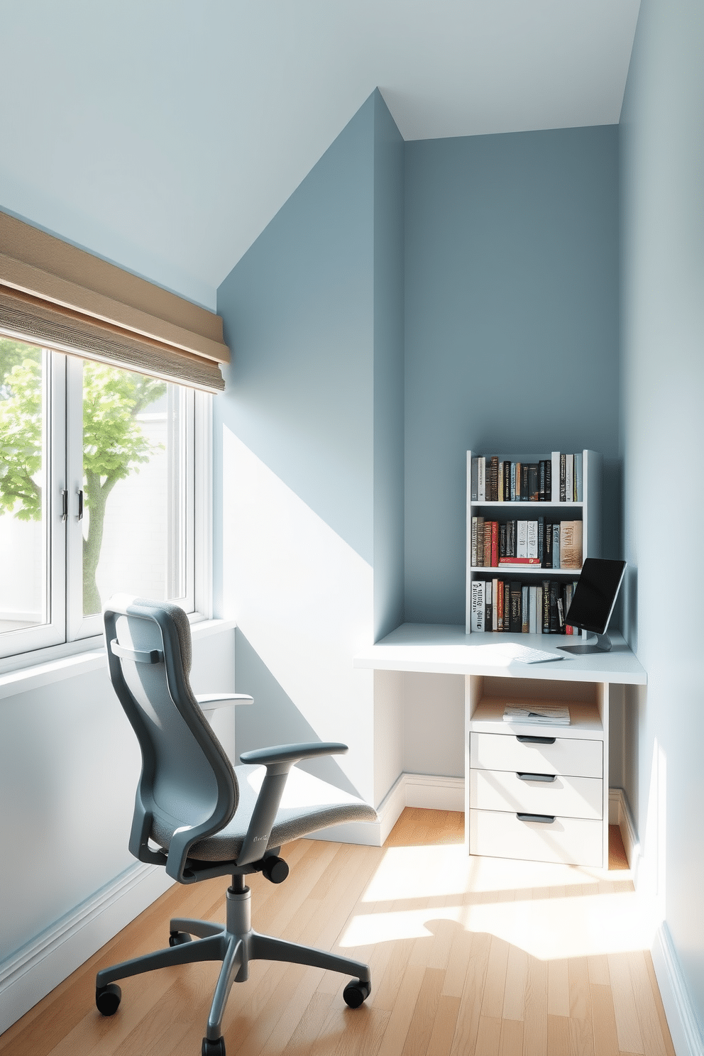 A small study room featuring an ergonomic chair designed for comfort and support. The chair is upholstered in a soft fabric, with adjustable height and lumbar support, positioned at a sleek, minimalist desk. The walls are painted in a calming light blue, creating a serene atmosphere for productivity. Natural light floods the room through a large window, illuminating a cozy reading nook with a small bookshelf filled with inspiring literature.