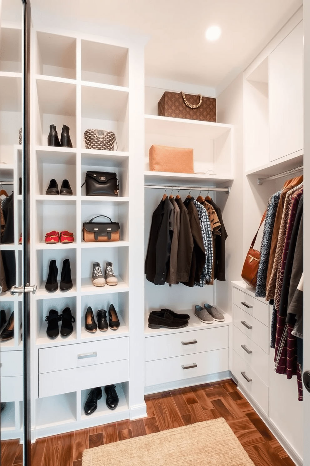 Maximize vertical space with tall shelves by incorporating custom-built shelving units that reach up to the ceiling. Use a combination of open and closed storage to create a functional yet stylish display for shoes, bags, and accessories. Small walk-in closet design ideas should focus on efficient organization and smart use of light. Consider adding a sliding barn door for a rustic touch while utilizing mirrored surfaces to enhance the sense of space and brightness.