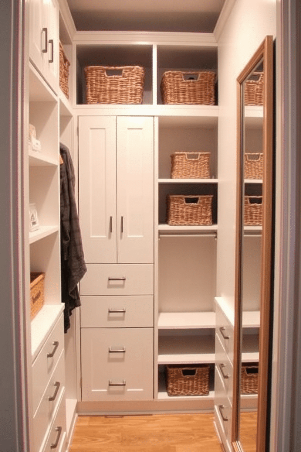 A small walk-in closet featuring a combination of open shelving and closed cabinetry for a clean, organized look. Woven baskets are used on the shelves to store accessories, while a full-length mirror is mounted on one wall to enhance the sense of space.