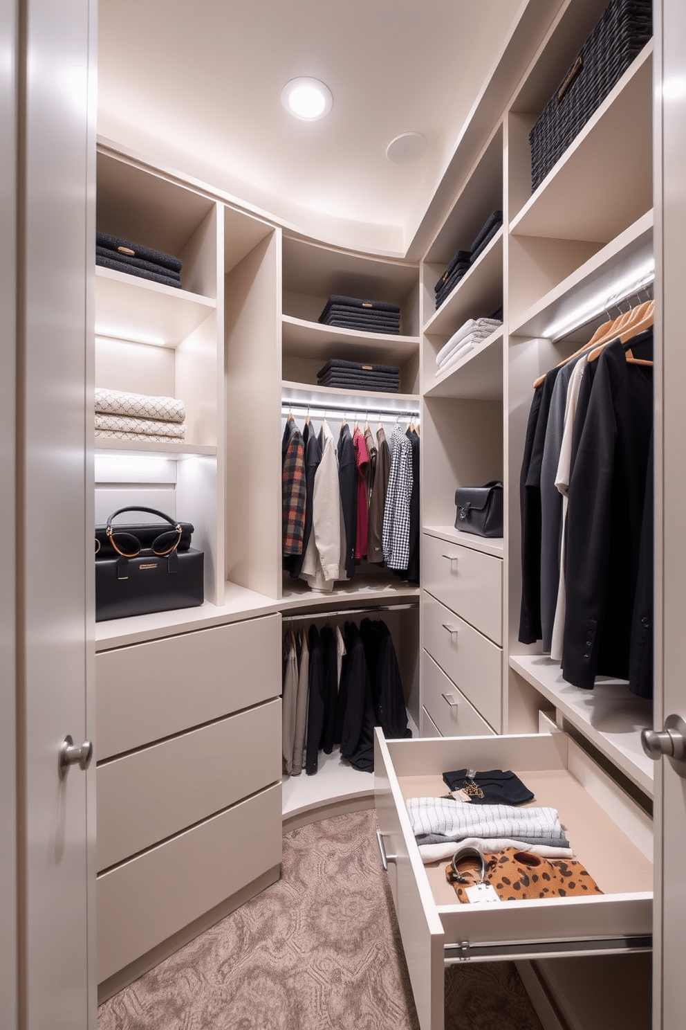 A small walk-in closet features sleek pull-out drawers designed for easy access to clothing and accessories. The space is illuminated with soft lighting, highlighting custom shelving that maximizes storage while maintaining an organized aesthetic.