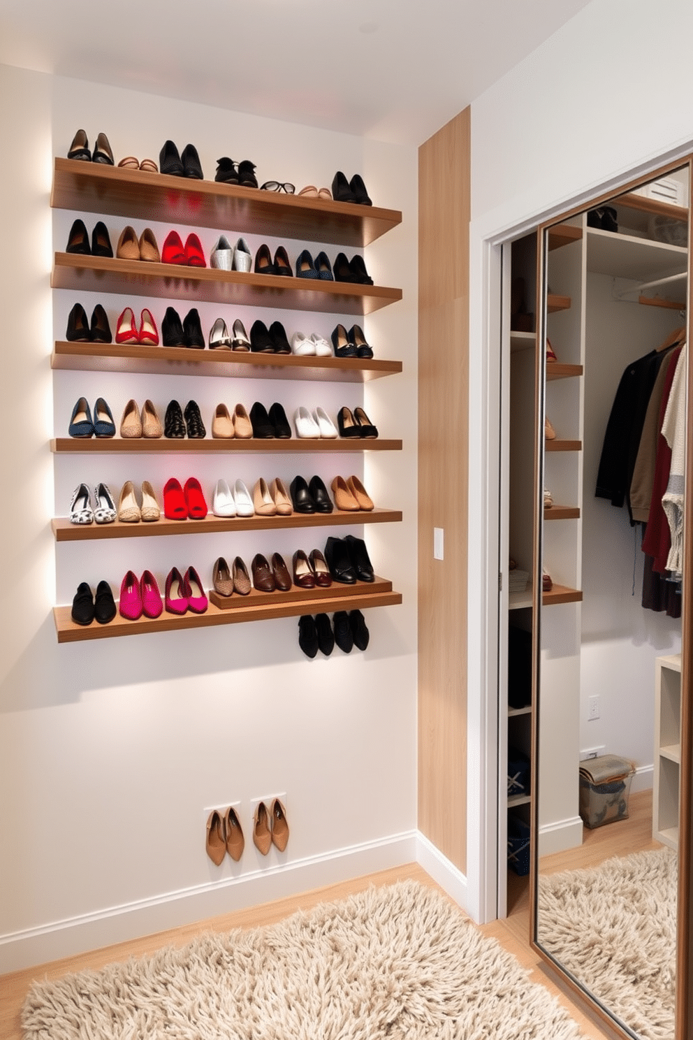 A stylish shoe wall featuring tiered racks made of sleek wood, showcasing an array of colorful footwear. The wall is adorned with soft ambient lighting that highlights the shoes, while a plush area rug adds warmth to the space. In the small walk-in closet, a combination of open shelving and hanging rods maximizes storage efficiency. The walls are painted in a soft neutral tone, and a full-length mirror is strategically placed to enhance the sense of space.