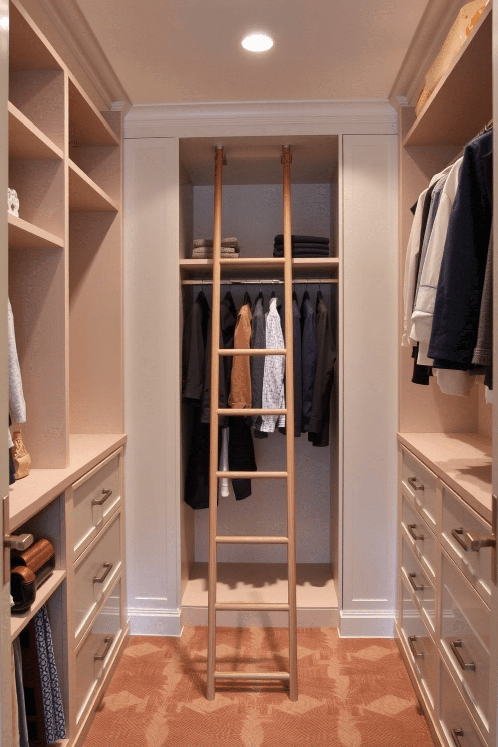 A stylish small walk-in closet features a sliding ladder for easy access to hard-to-reach shelves, enhancing both functionality and elegance. The walls are adorned with soft, neutral tones, while built-in shelving and hanging rods maximize storage space without compromising on aesthetics.