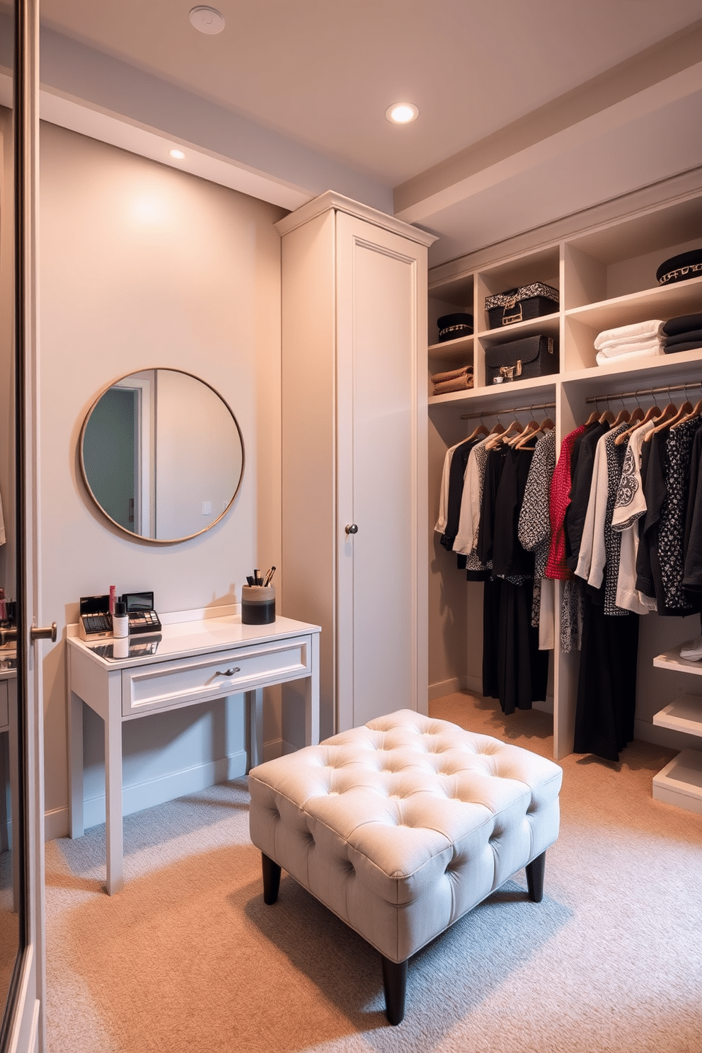 A chic makeup area features a small, elegant vanity with a soft-close drawer for storing cosmetics. The vanity is adorned with a round mirror and stylish lighting, creating a perfect ambiance for makeup application. The walk-in closet design is spacious and organized, showcasing custom shelving and hanging areas for clothing. A plush ottoman is placed in the center, providing a comfortable spot for dressing and accessorizing.