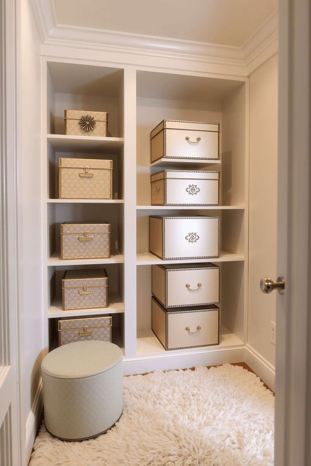 A small walk-in closet featuring elegant decorative boxes for hidden storage, neatly arranged on a custom-built shelving unit. The walls are painted a soft cream color, and a plush area rug adds warmth to the space while providing a cozy underfoot experience.