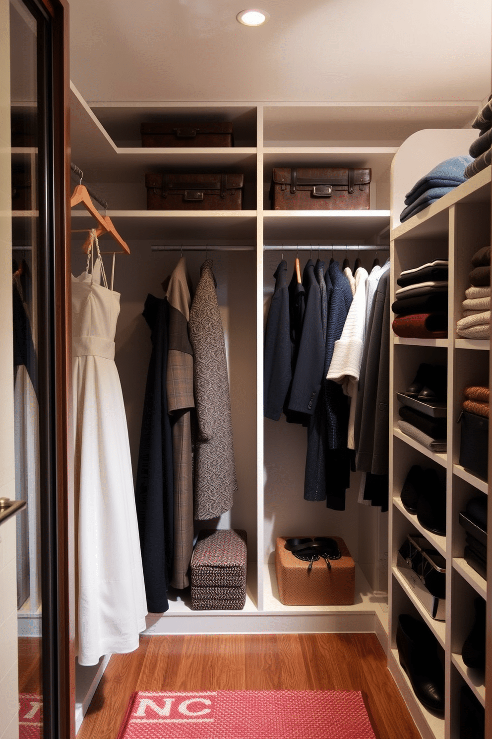 A small walk-in closet designed to create distinct zones for different clothing types. The left side features a section for hanging dresses and coats, while the right side includes shelves for folded sweaters and accessories.